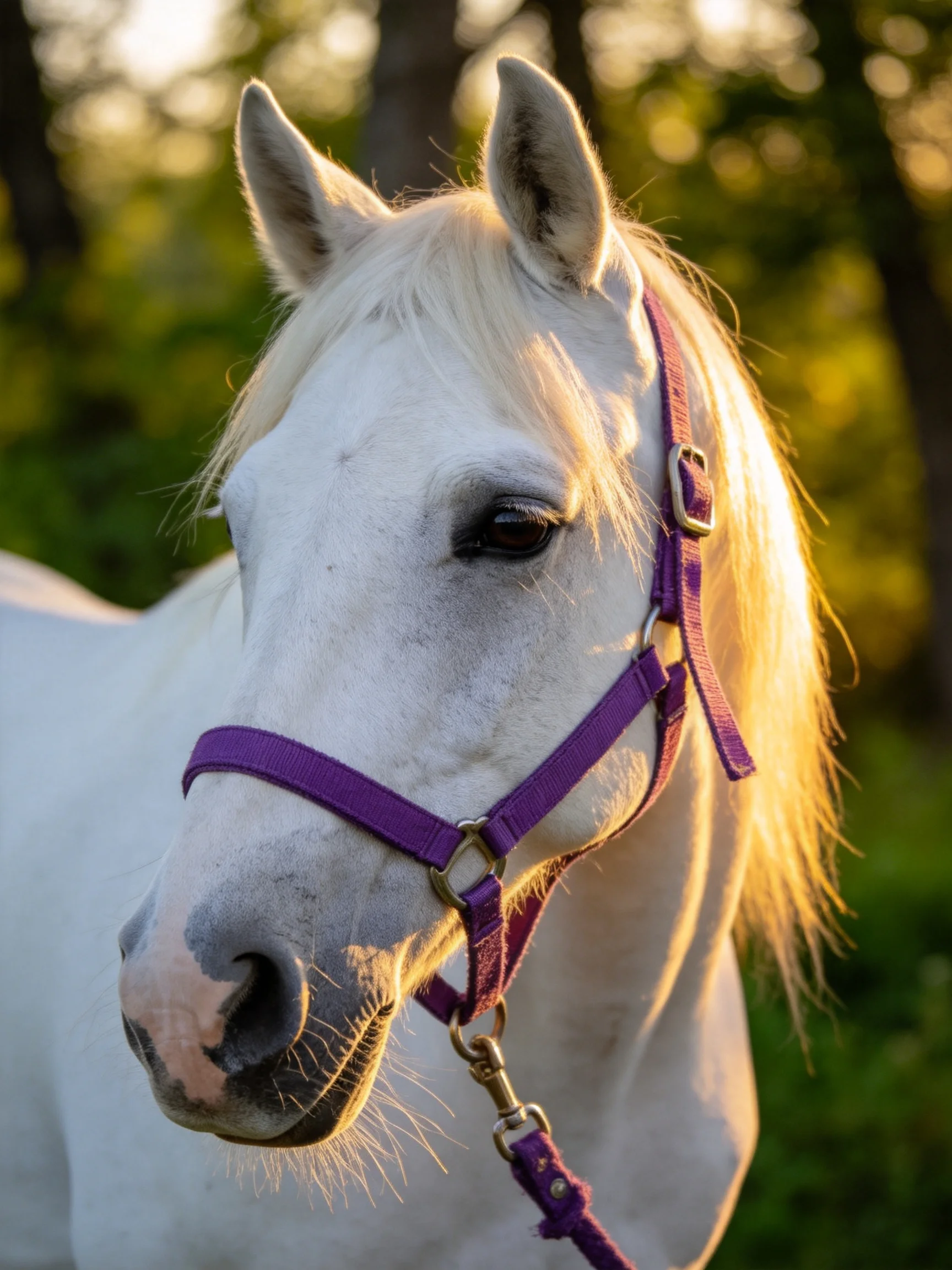 A white horse wearing a purple halter in a sunlit natural setting