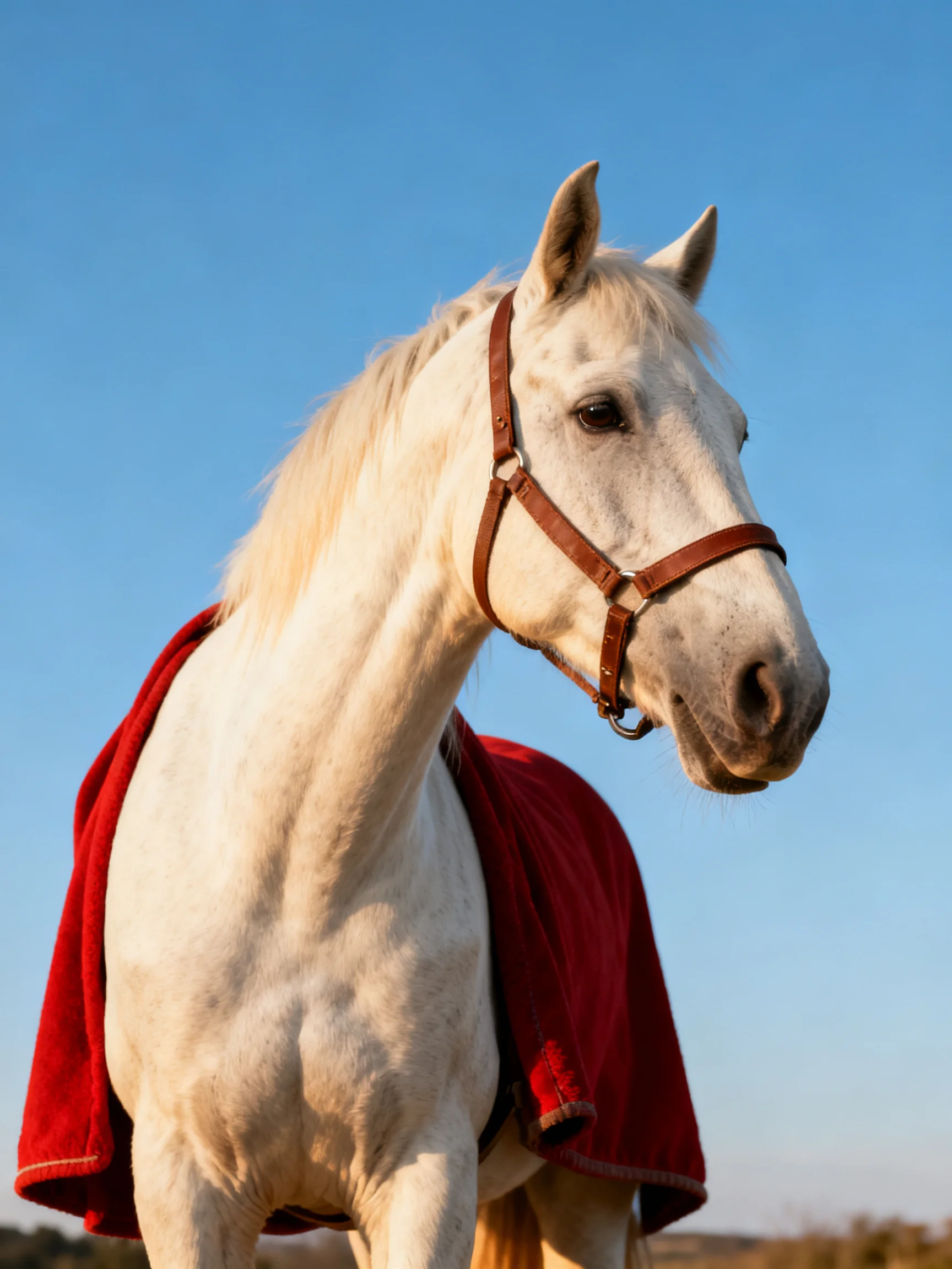 A white horse wearing a red blanket under a clear blue sky