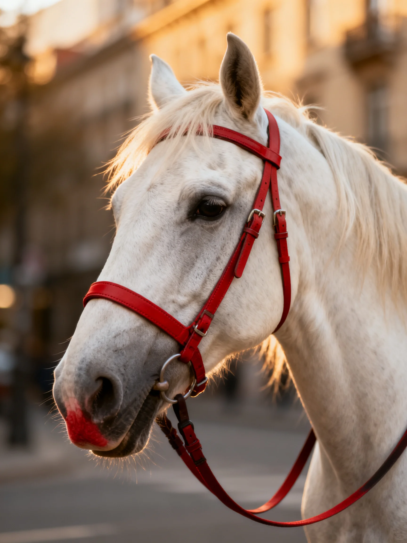 A white horse wearing a vibrant red bridle in an urban setting