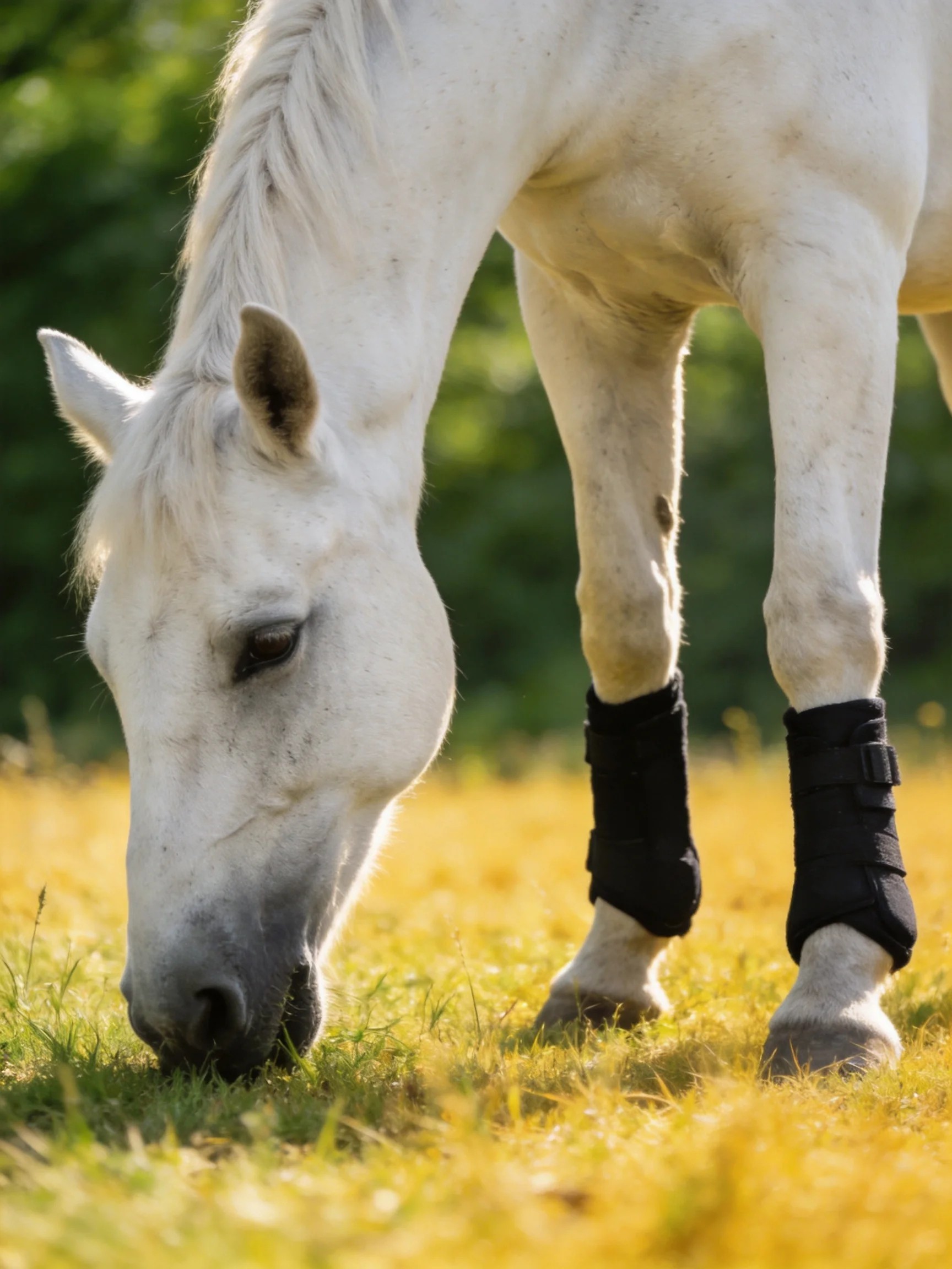 A white horse wearing black leg wraps grazes in a sunny field