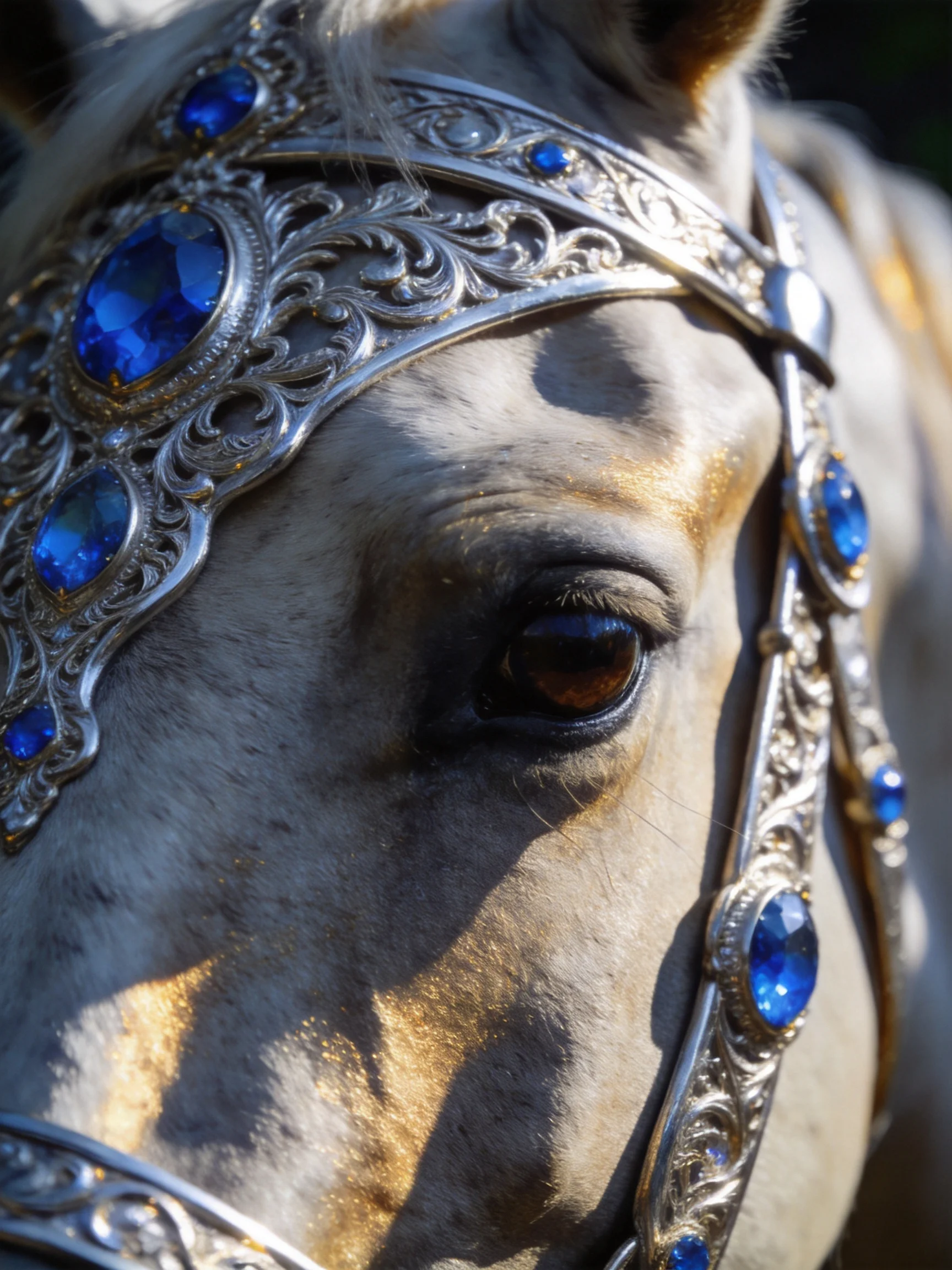 A white horse wearing elaborate silver and sapphire - studded headgear