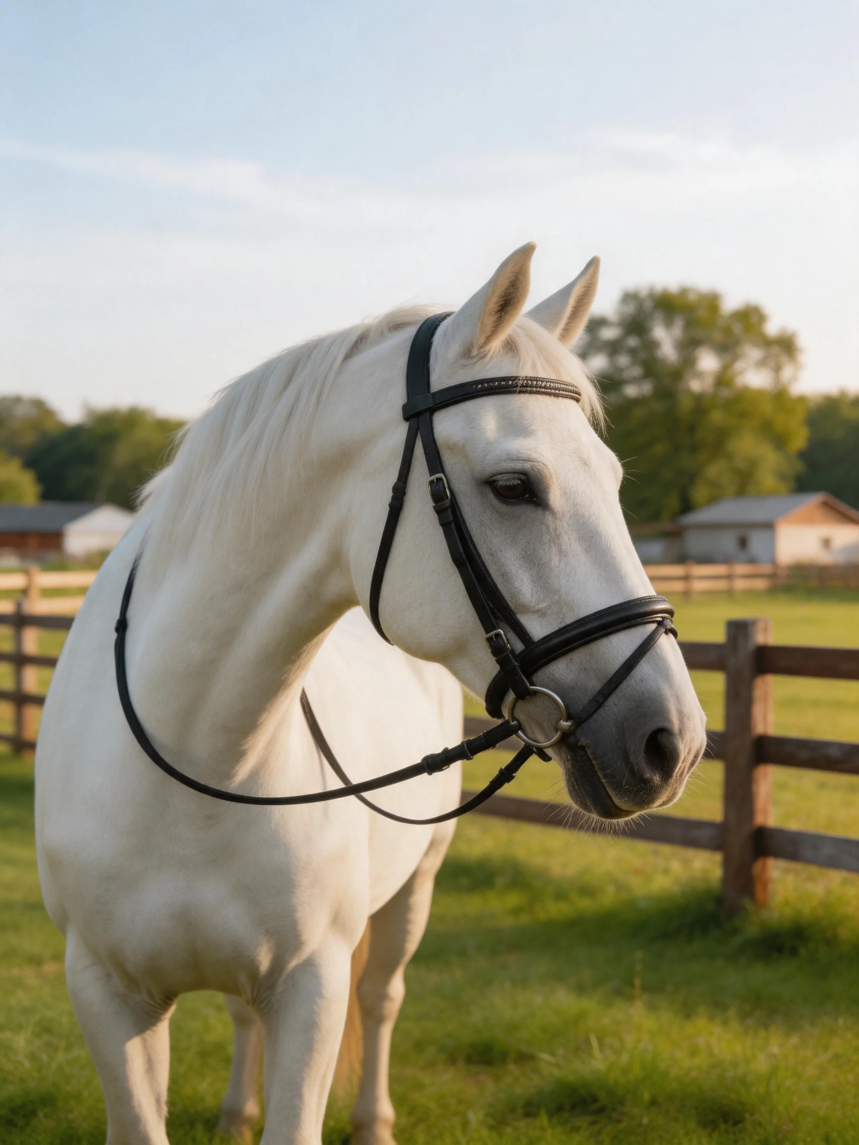 A white horse with a black bridle in a sunlit farm