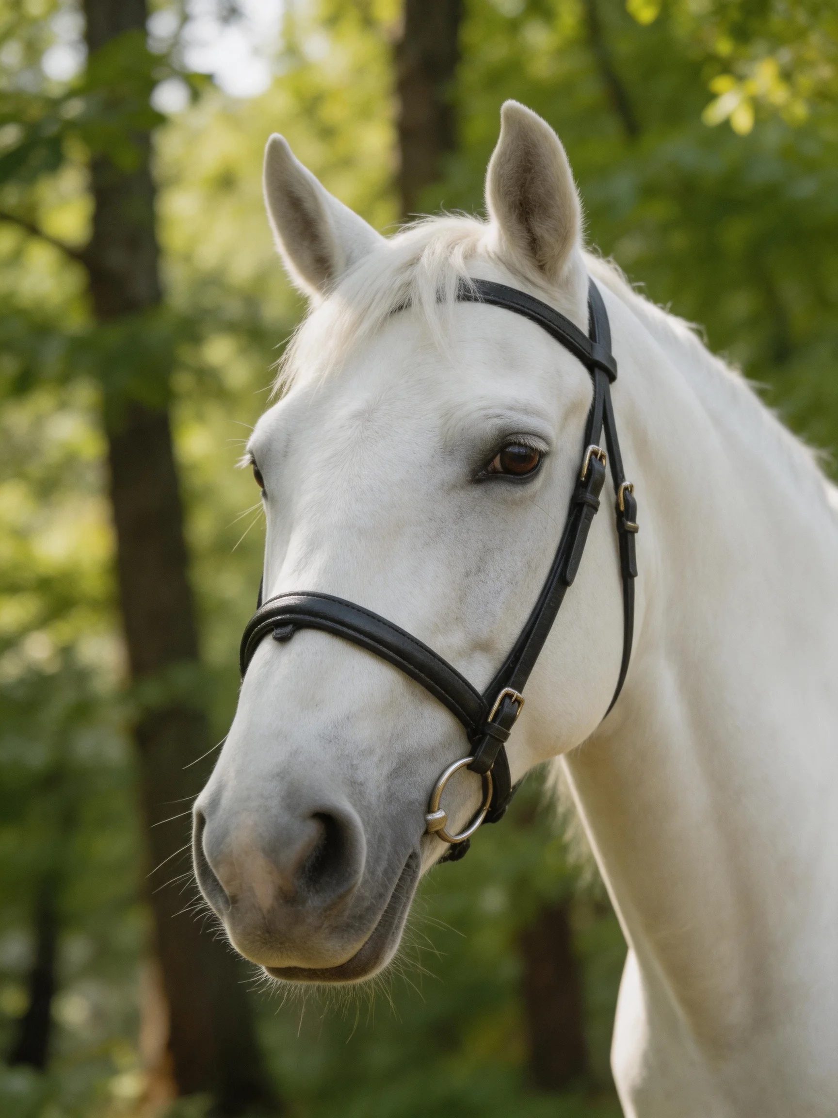 A white horse with a black bridle in a sunlit forest