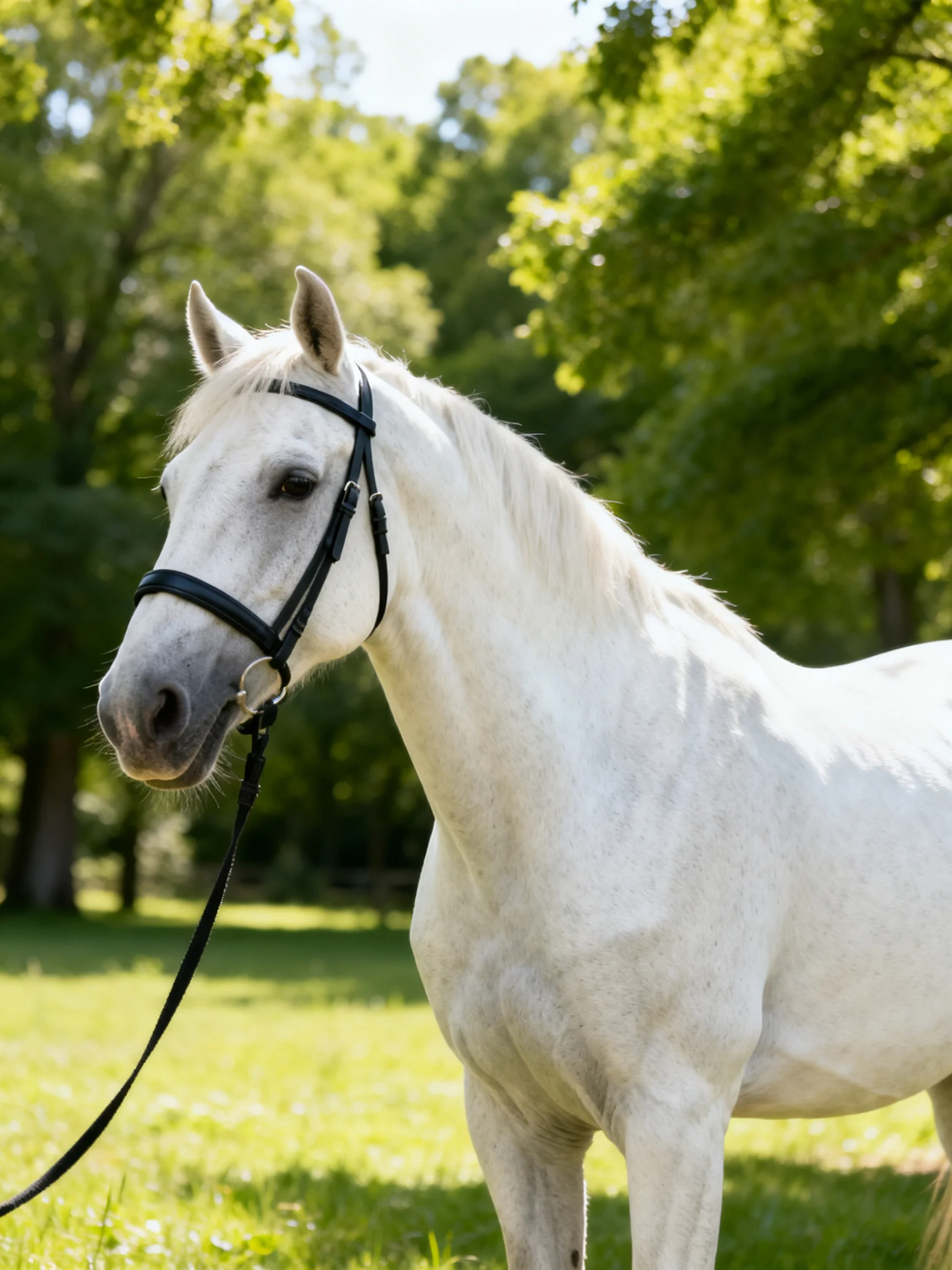 A white horse with a black bridle stands in a sunlit meadow near leafy trees.