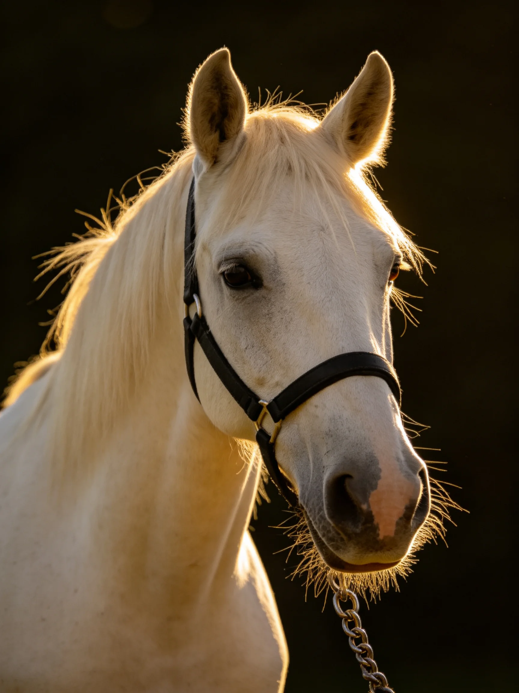 A white horse with a black halter illuminated by golden light