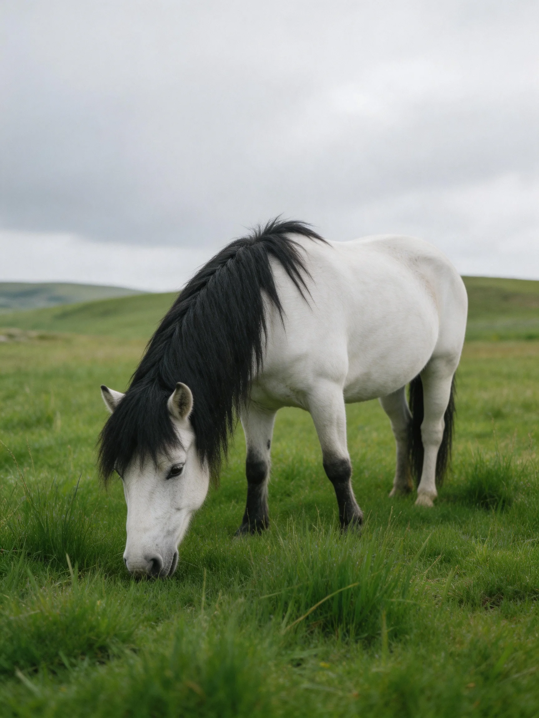 A white horse with a black mane grazes in a lush green meadow