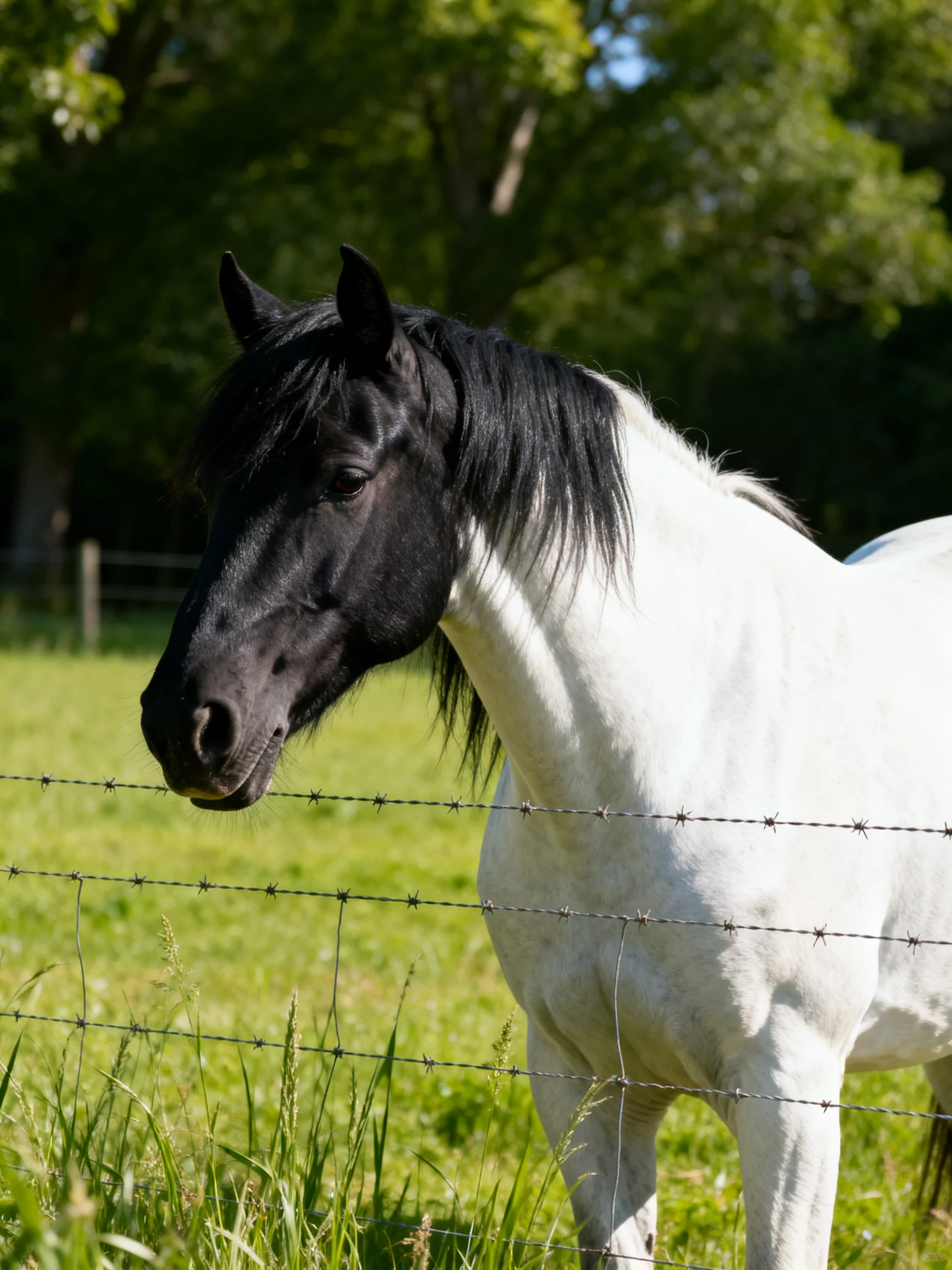 A white horse with a black mane near a barbed wire fence in a green field