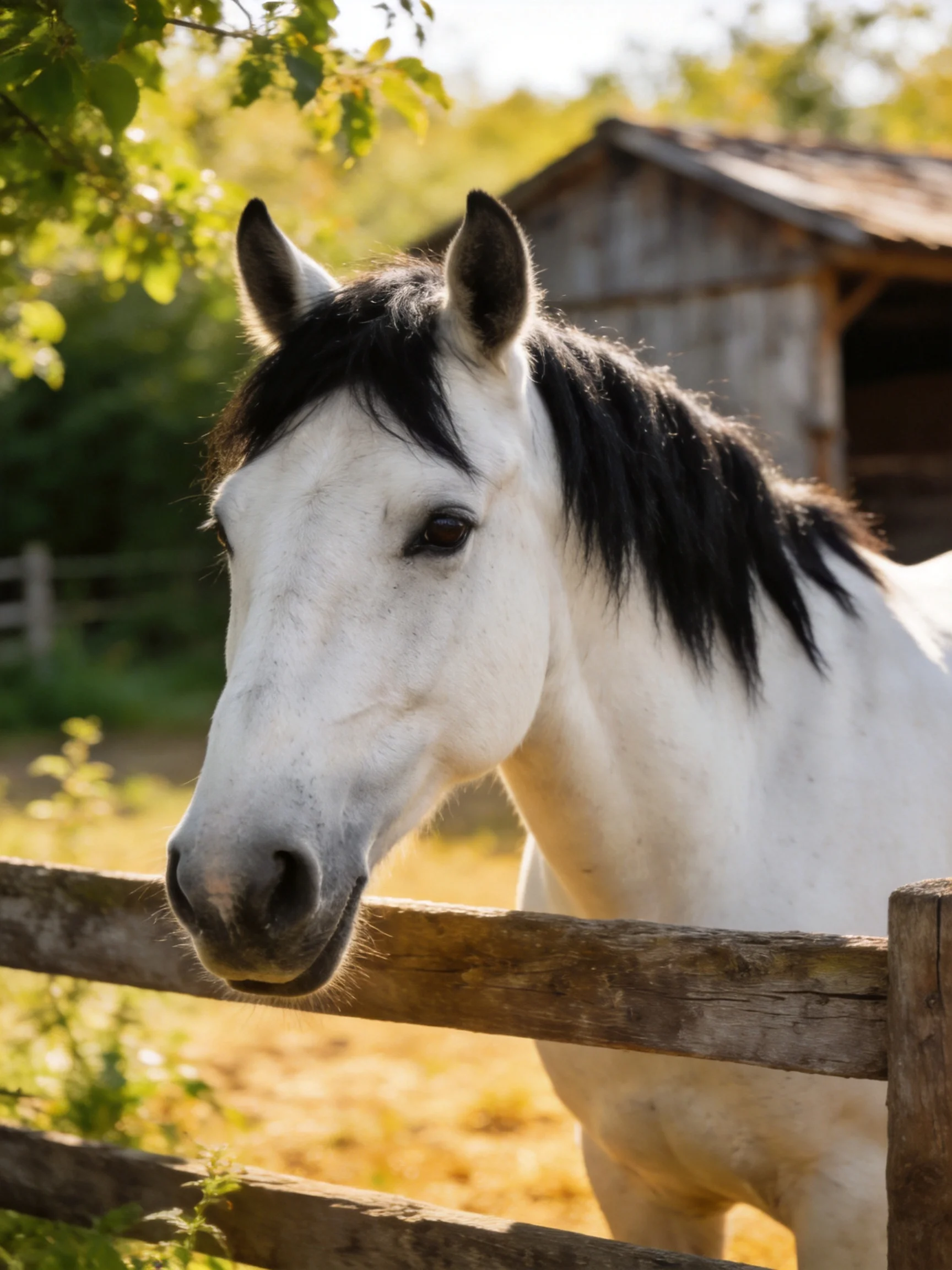 A white horse with a black mane leans over a wooden fence in a sunlit farm setting.