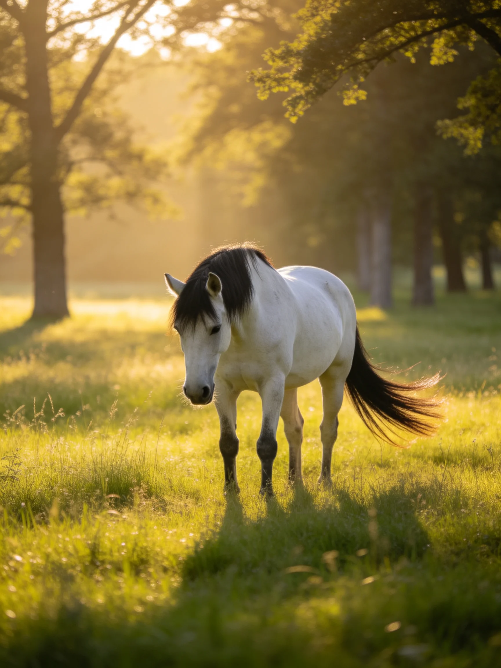 A white horse with a black mane stands in a sun-drenched forest clearing