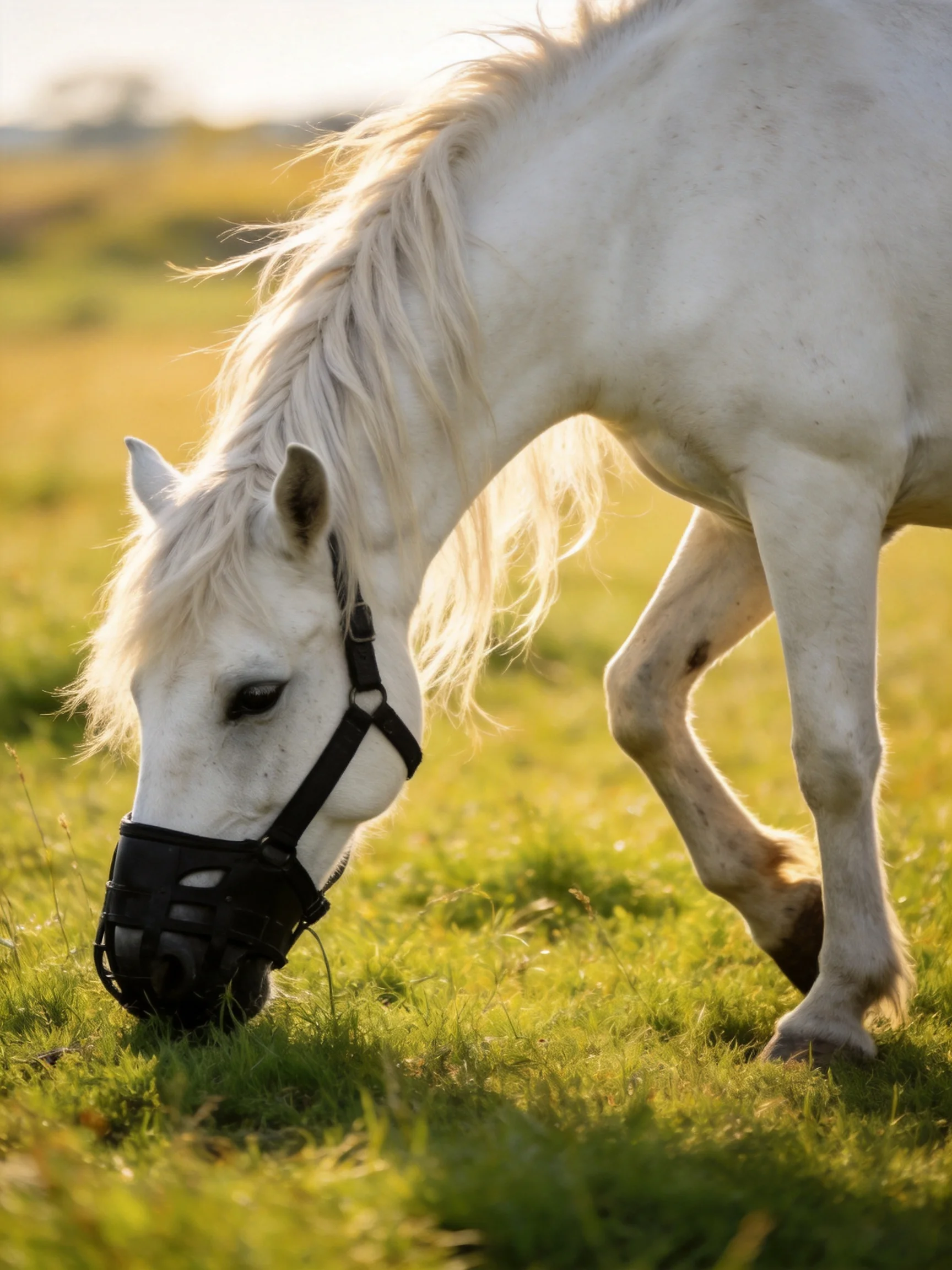 A white horse with a black muzzle grazes in a sunlit meadow