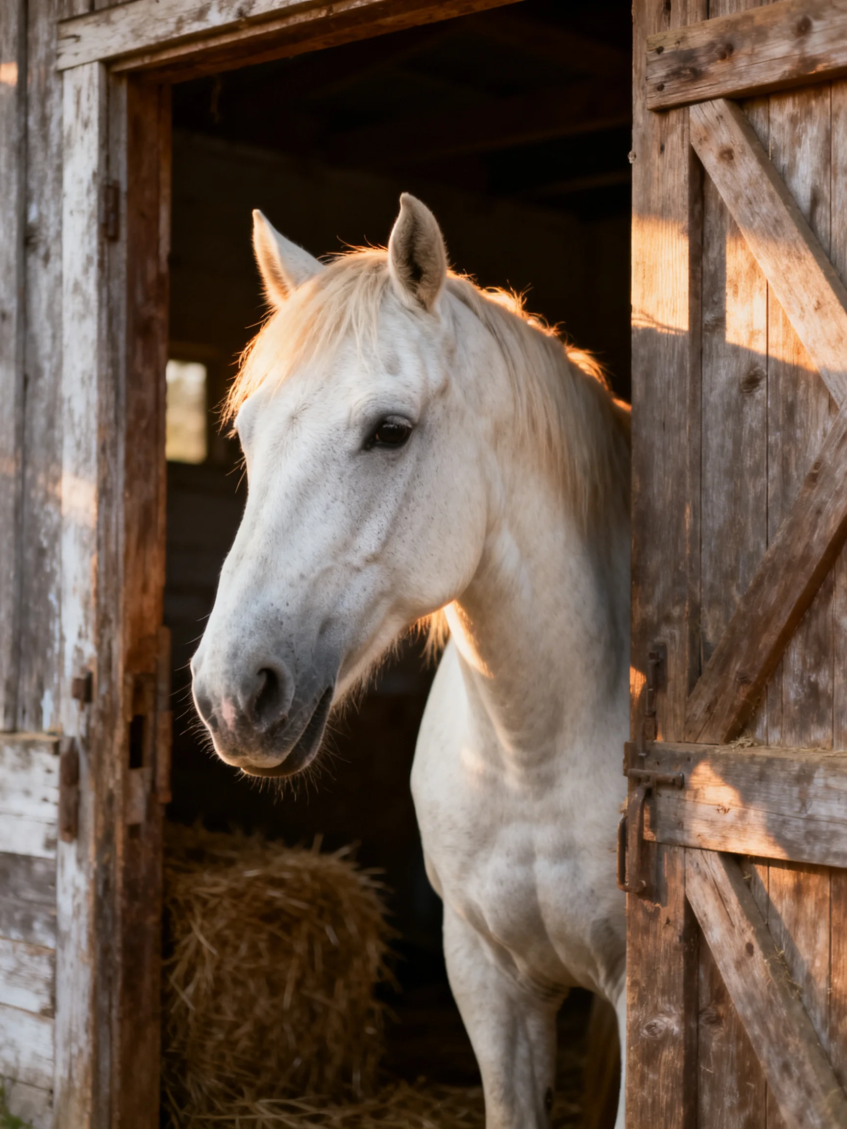 A white horse with a blonde mane stands in a weathered wooden barn doorway beside hay bales