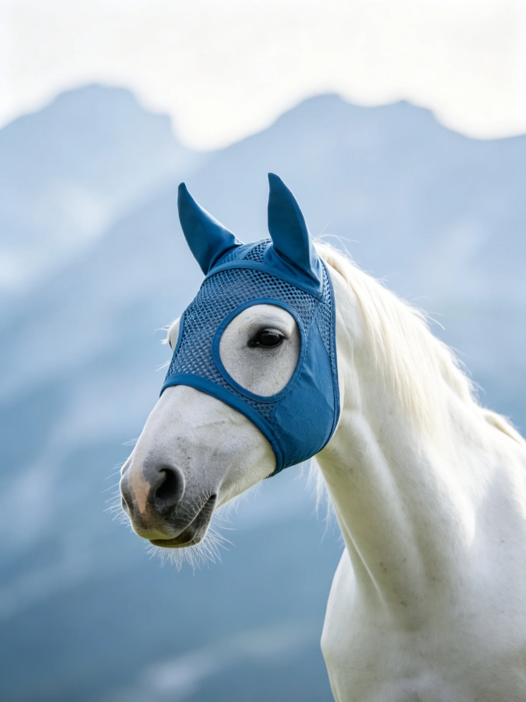 A white horse with a blue fly mask stands before misty mountain peaks