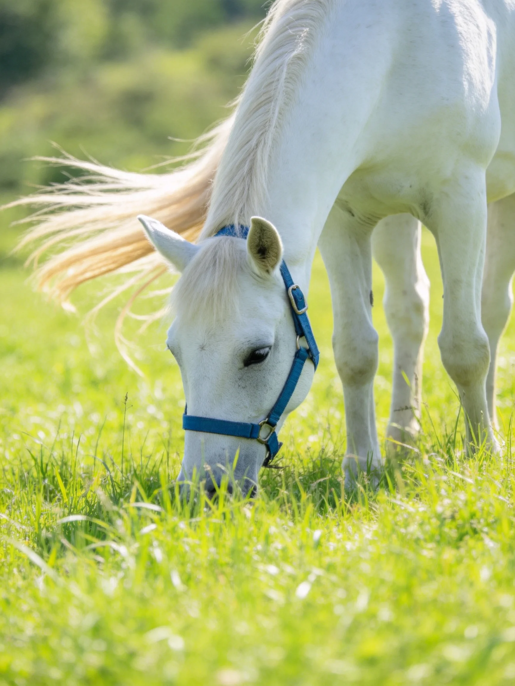 A white horse with a blue halter grazes in a sunlit meadow