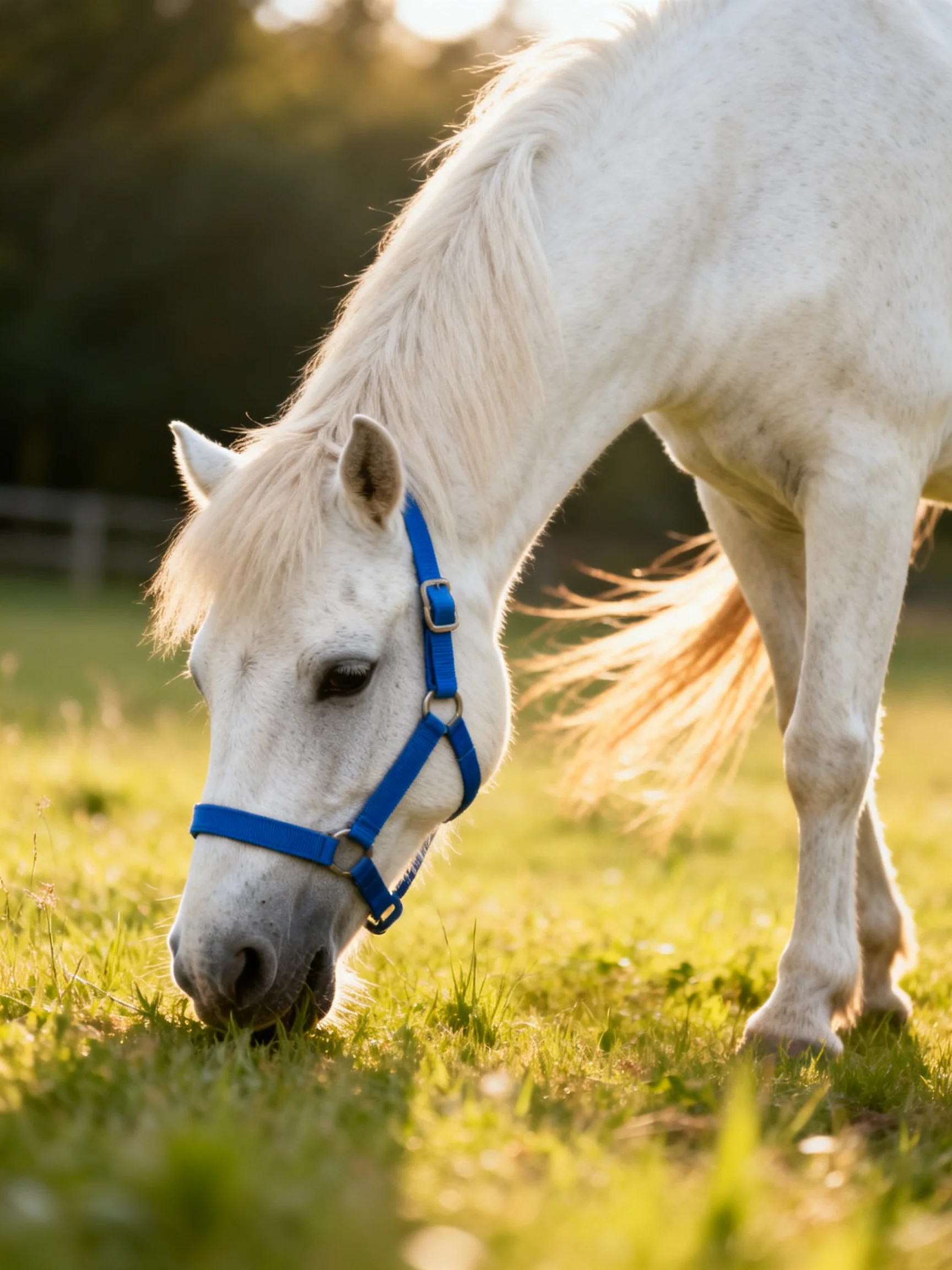A white horse with a blue halter grazing in a sunlit meadow
