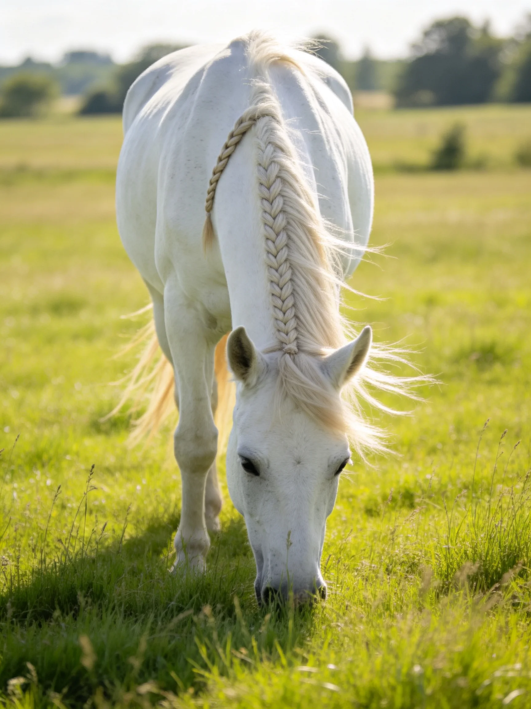 A white horse with a braided mane grazing in a lush green meadow