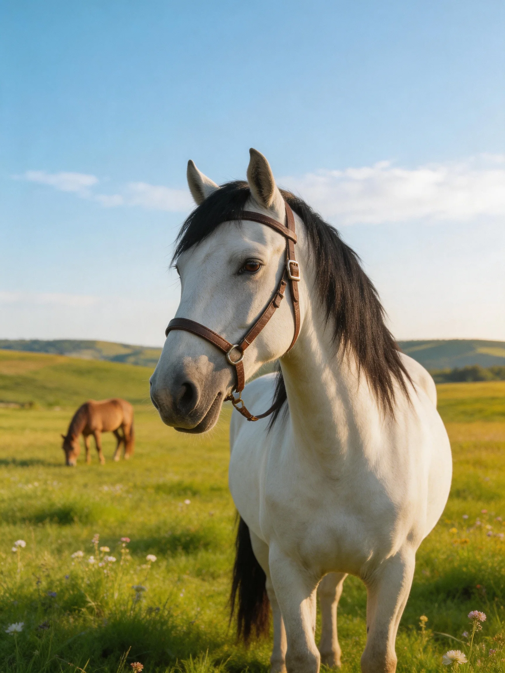 A white horse with a bridle stands in a green meadow near a grazing brown horse