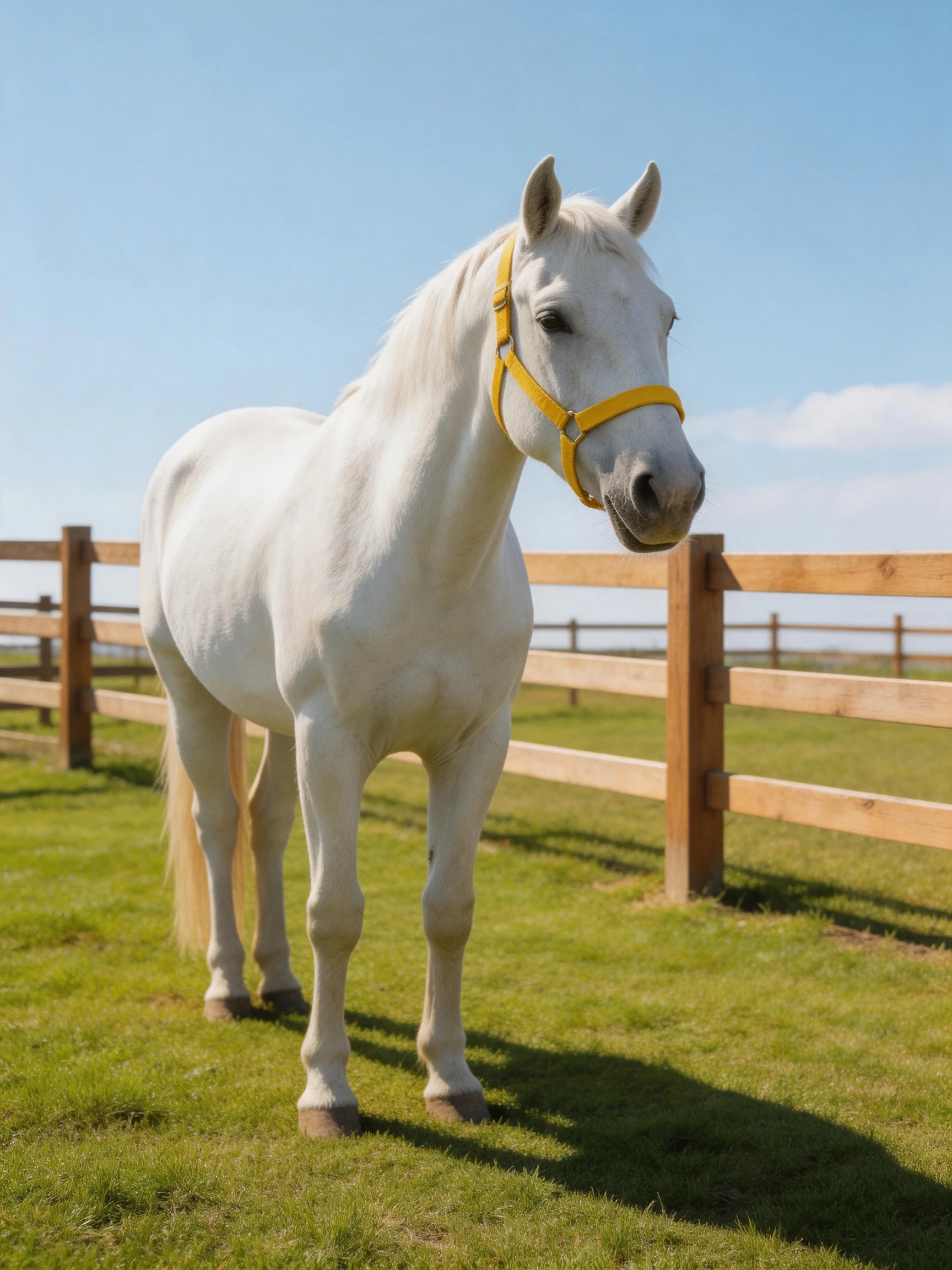 A white horse with a yellow halter stands in a grassy area with a wooden fence.