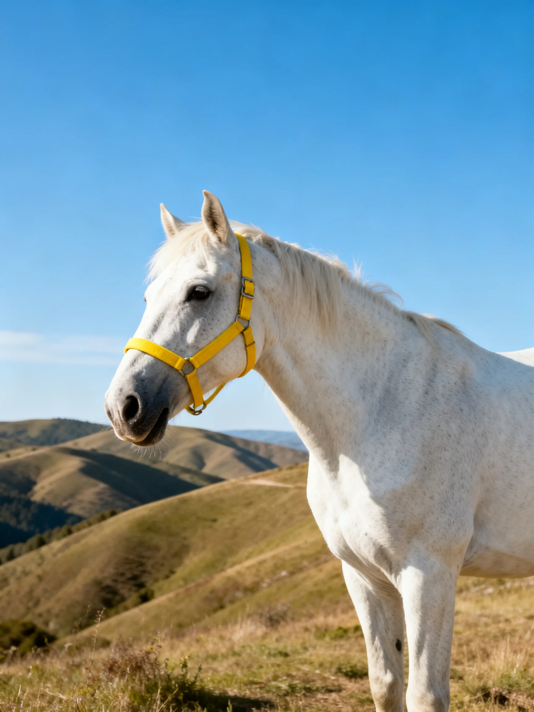 A white horse with a yellow halter stands on a sunlit hillside.