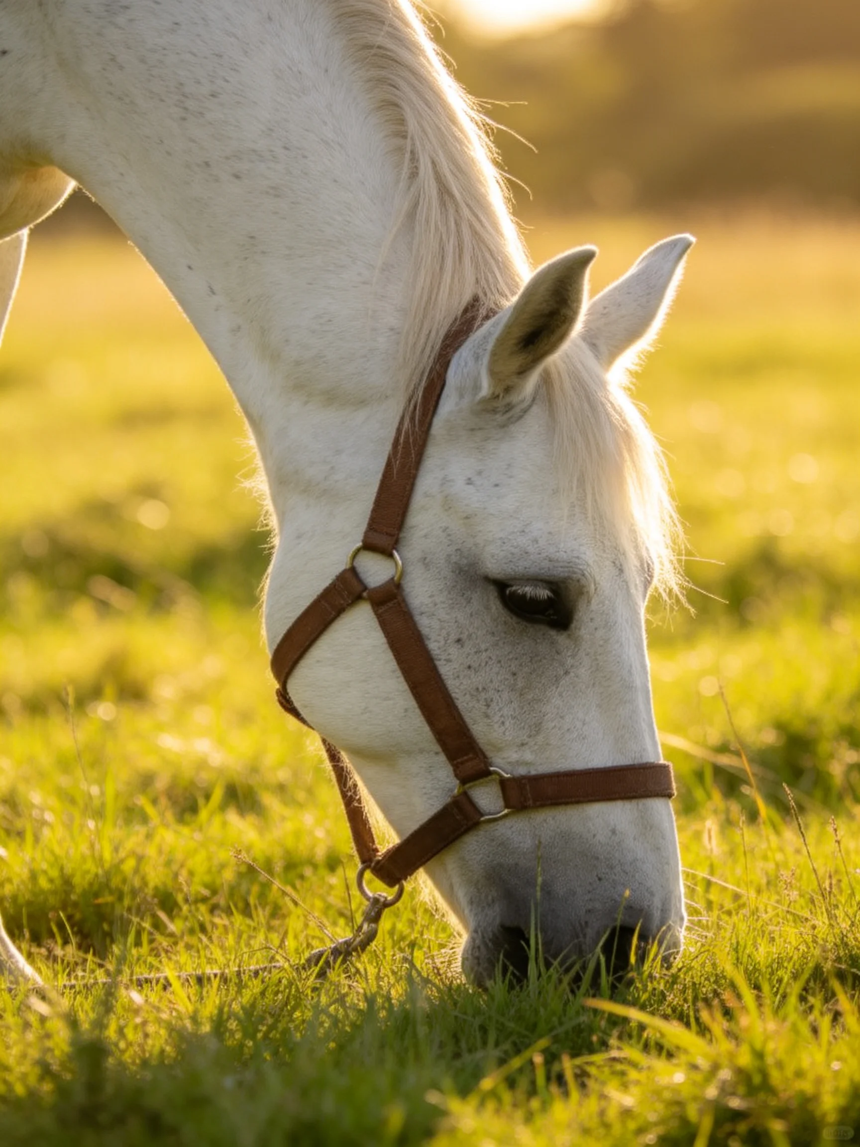 A white horse with a brown halter grazing in a sunlit meadow
