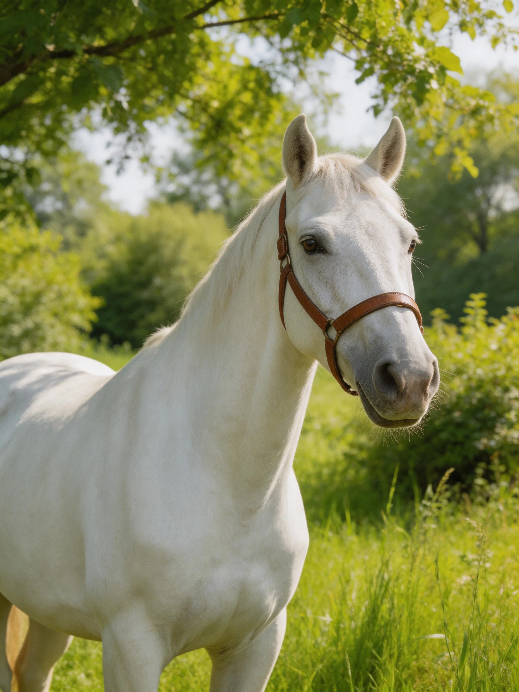 A white horse with a brown halter in a sunlit green meadow