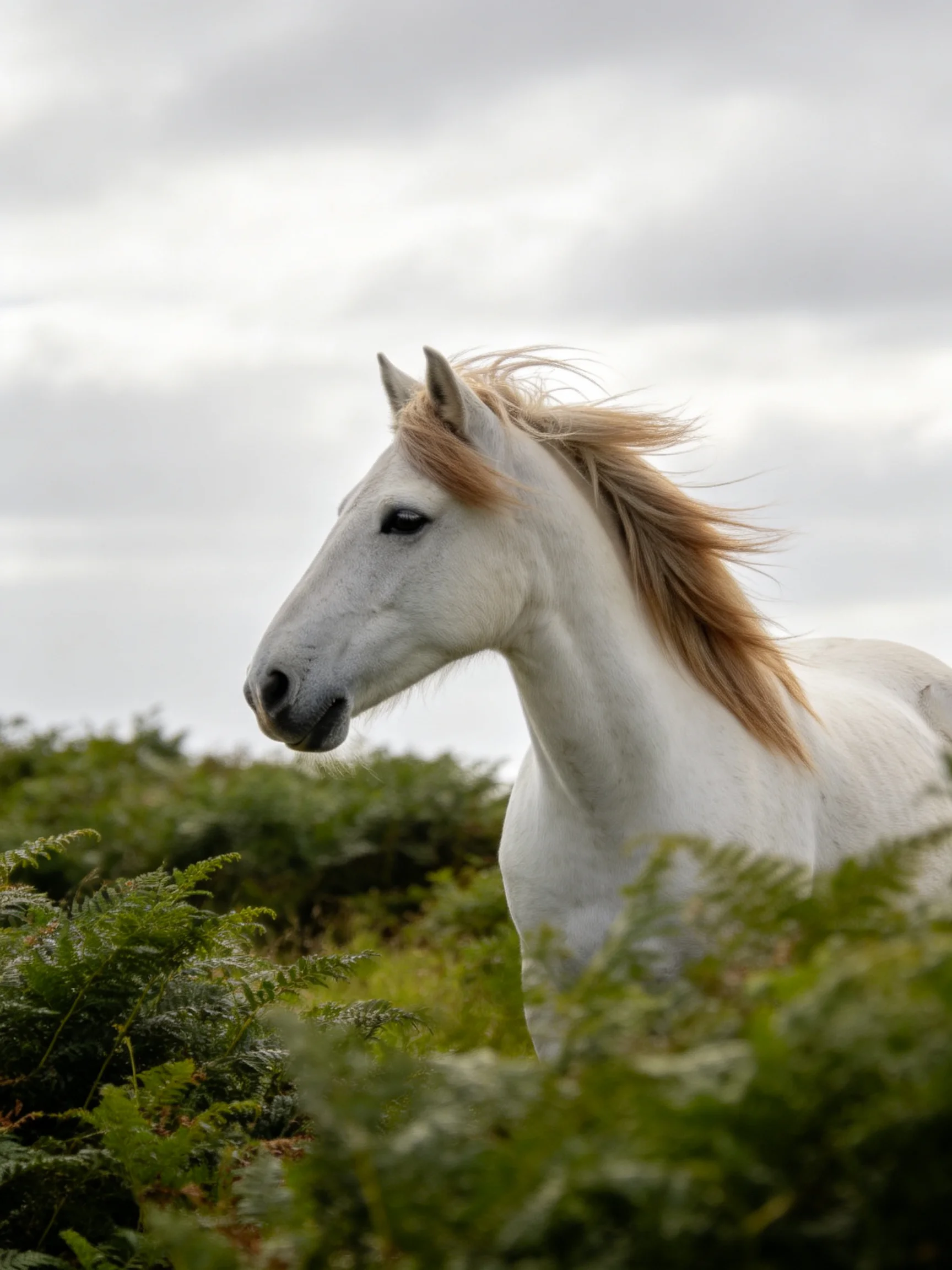 A white horse with a brown mane amid lush greenery under an overcast sky