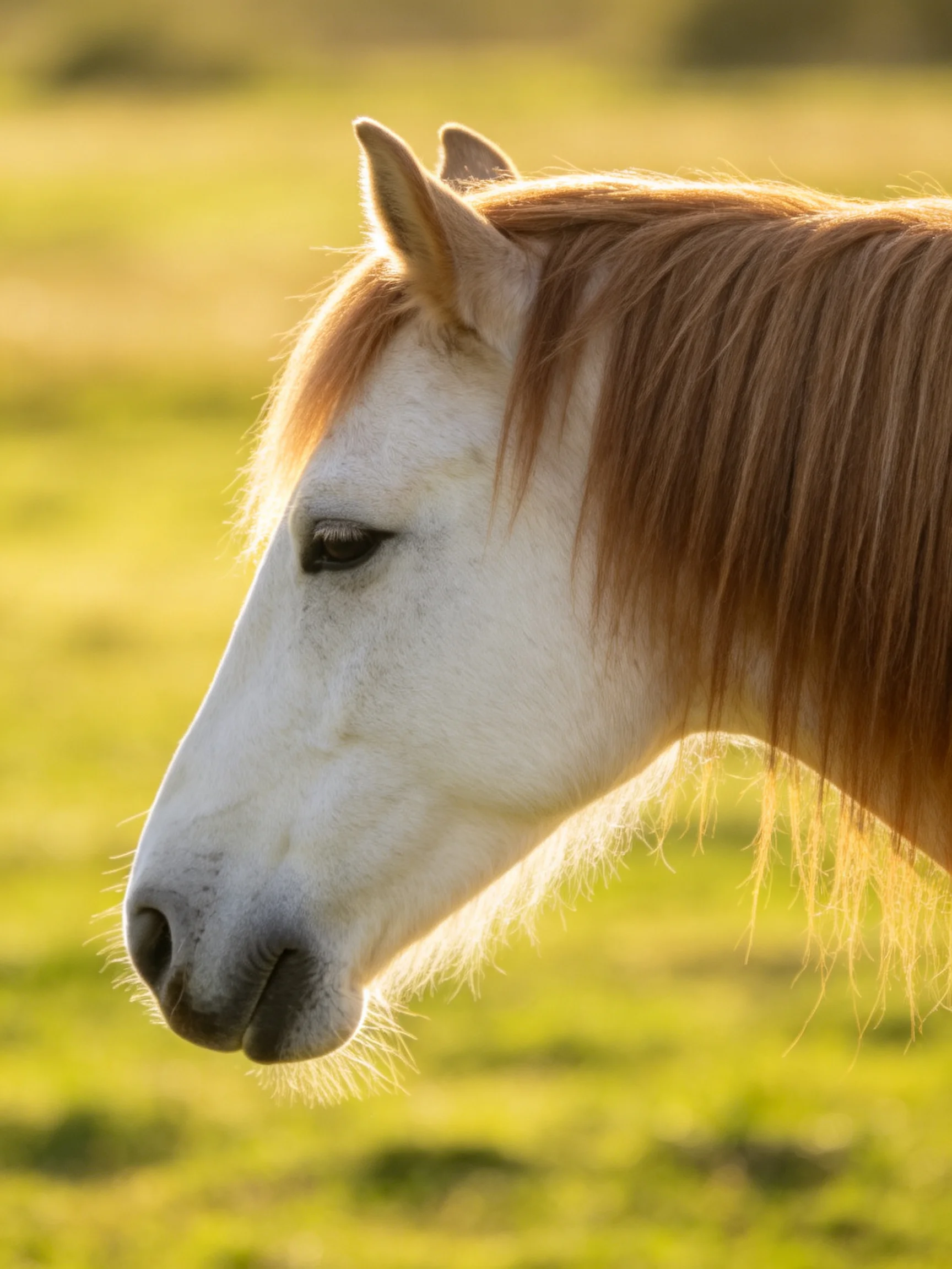 A white horse with a brown mane in a sunlit field