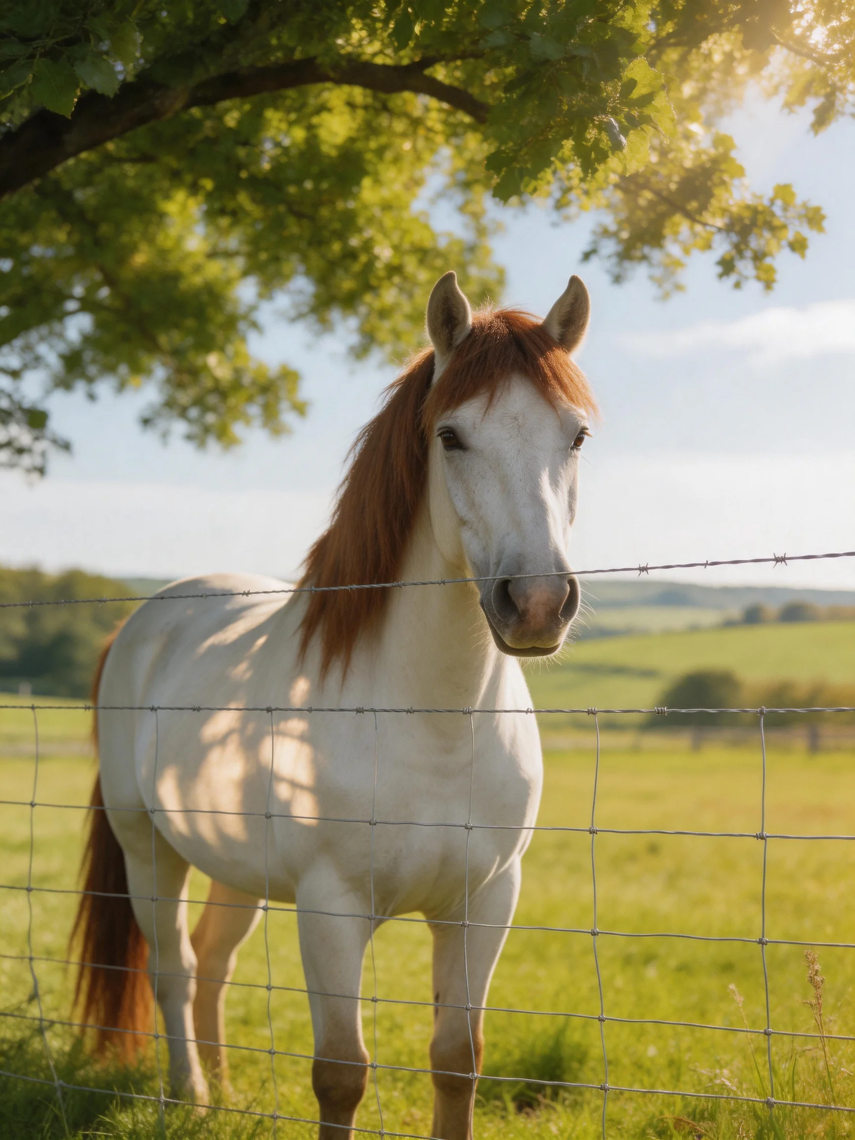 A white horse with a brown mane stands behind a wire fence in a sunny meadow