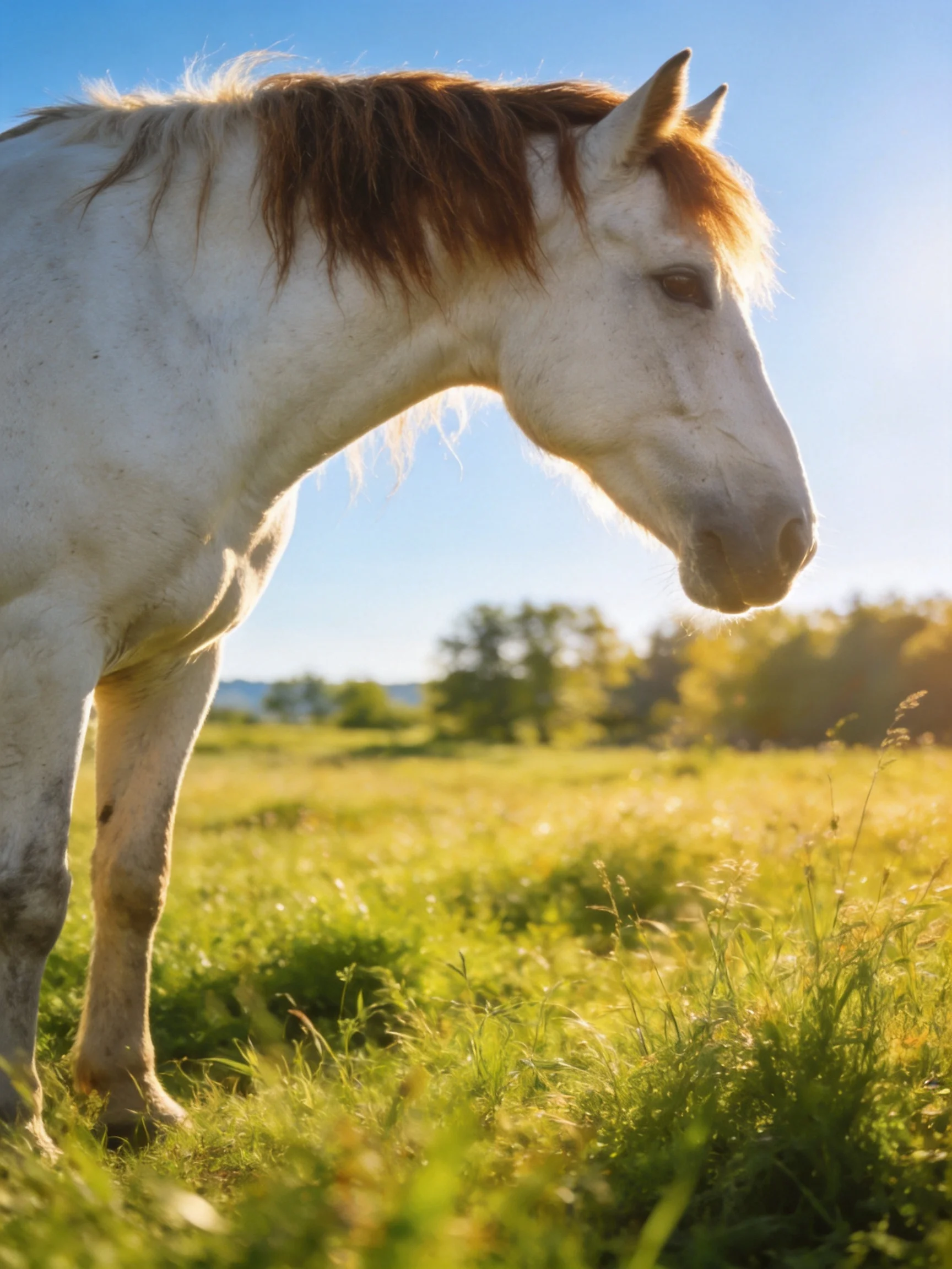 A white horse with a brown mane stands in a sunlit grassy meadow.