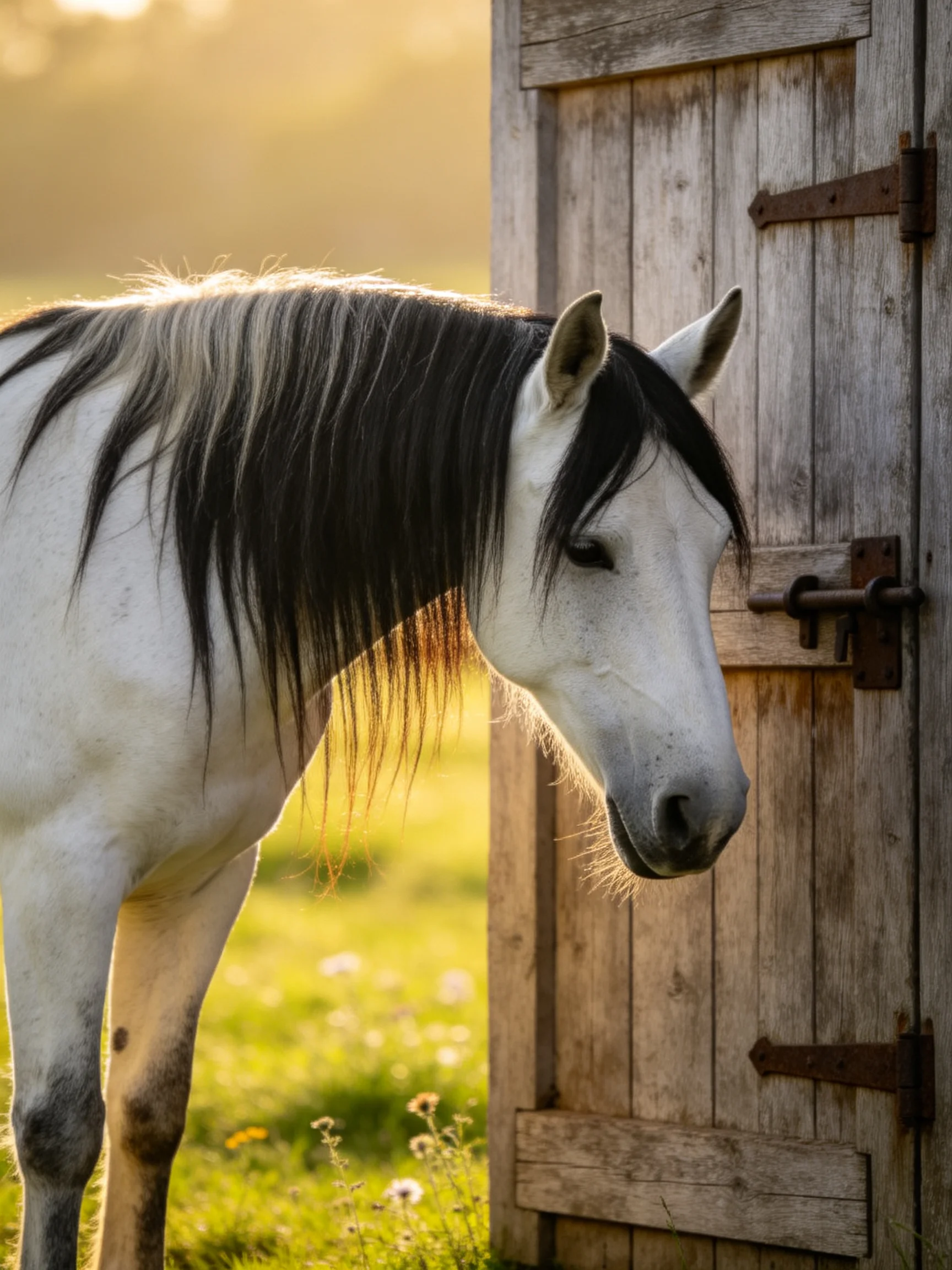 A white horse with a dark mane stands beside an aged wooden door in golden light