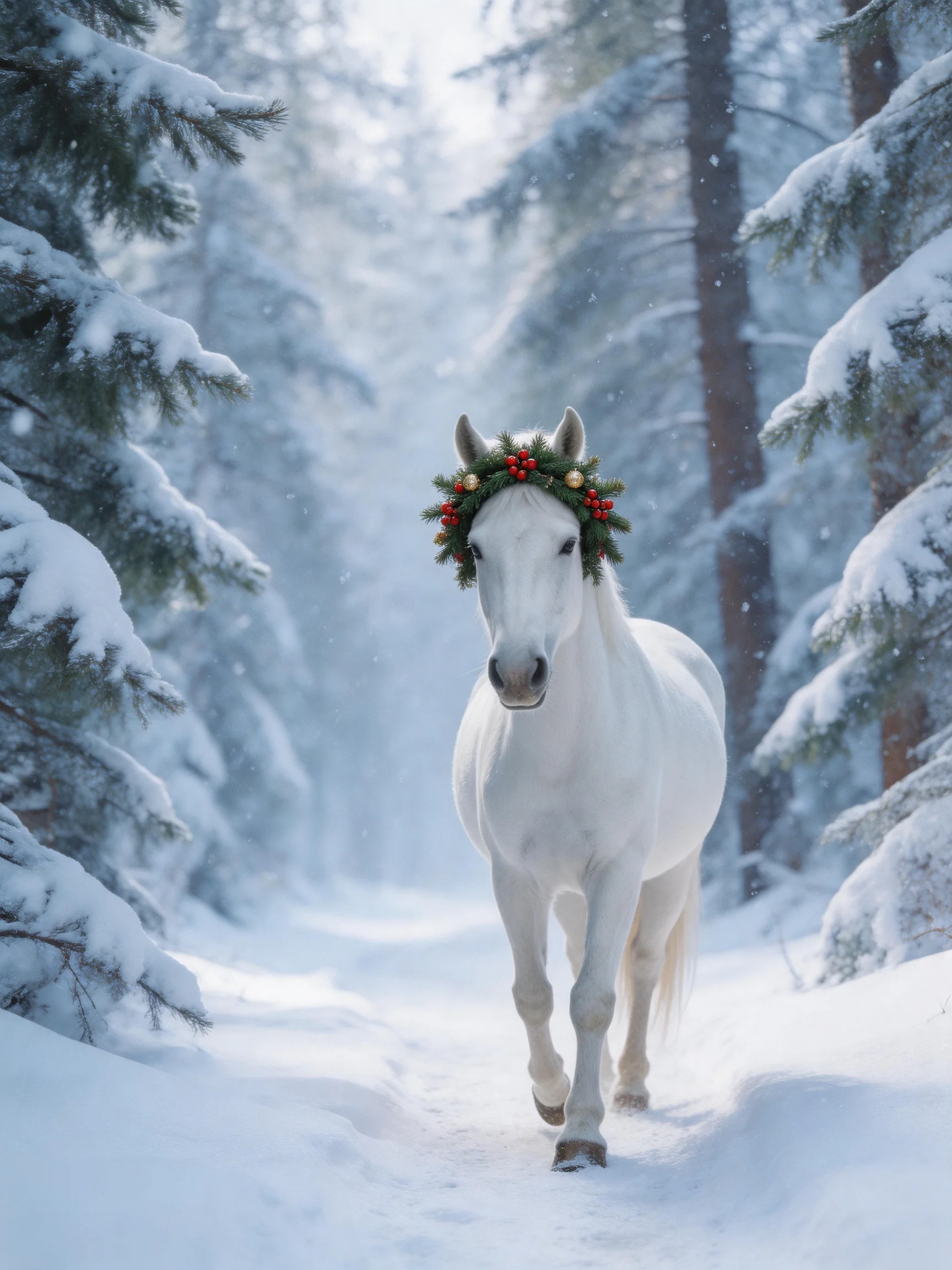 A white horse with a festive wreath walks through a snow-covered forest