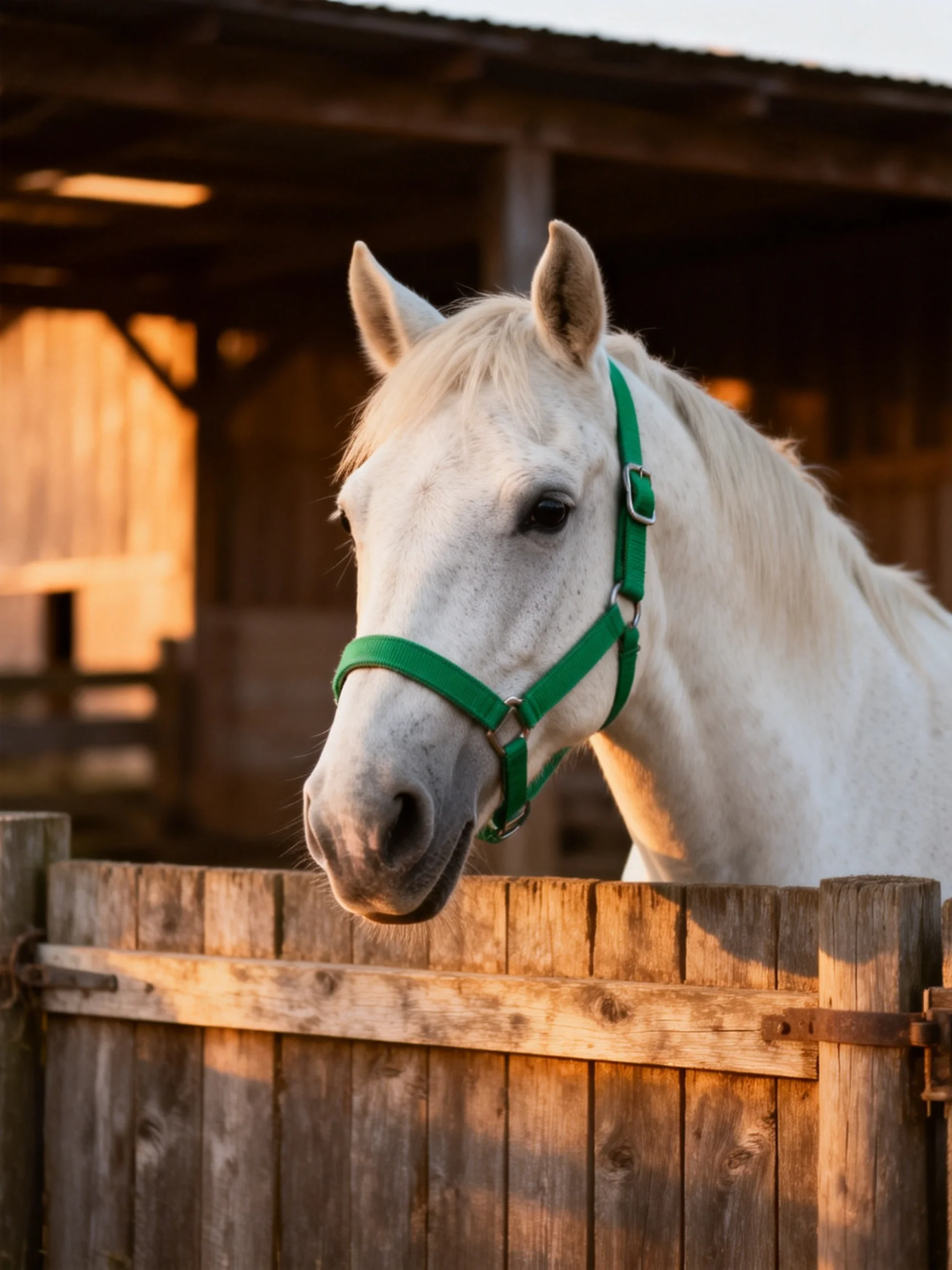 A white horse with a green halter near a wooden fence