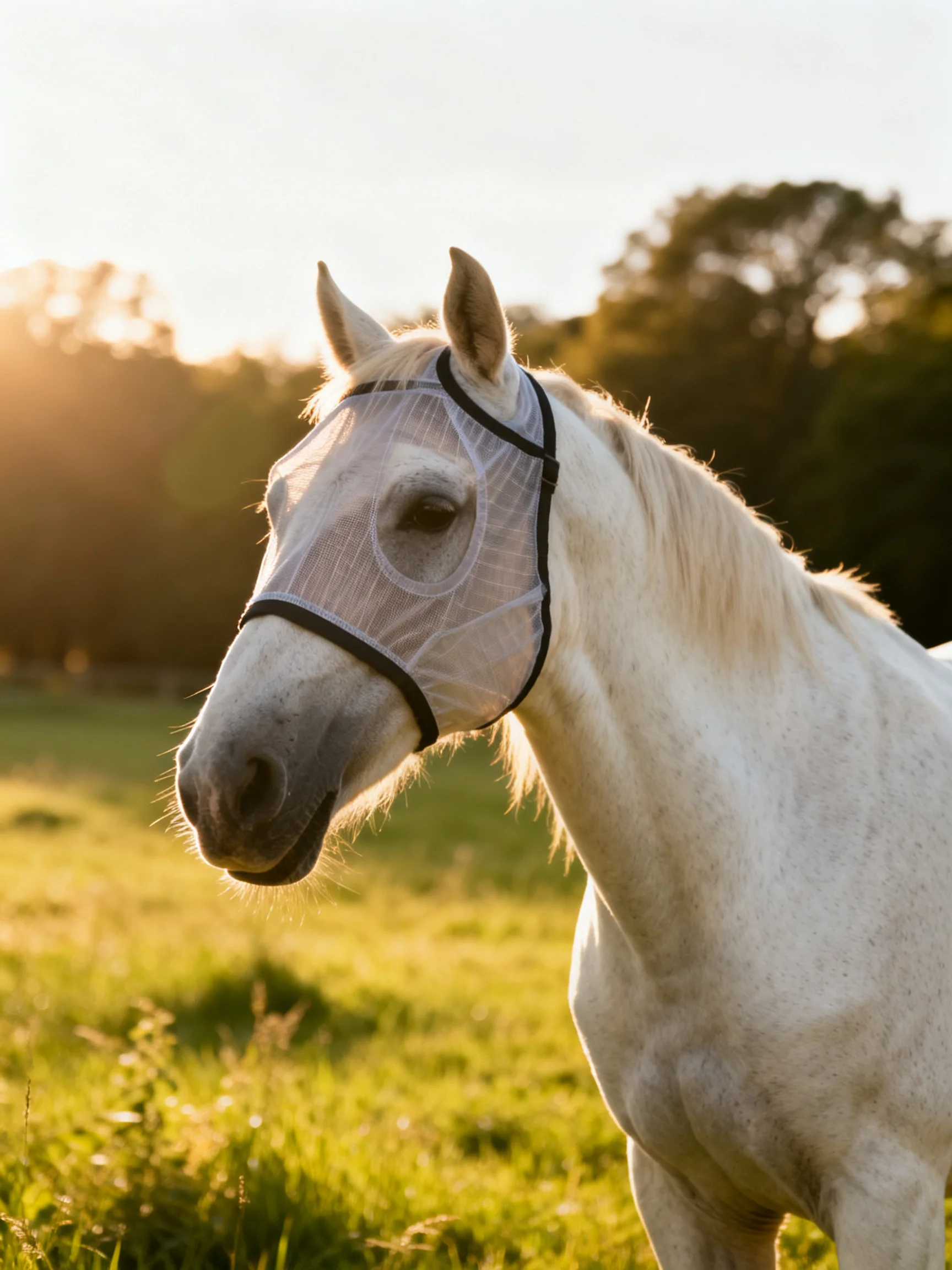 A white horse with a mesh fly mask in a sunlit meadow