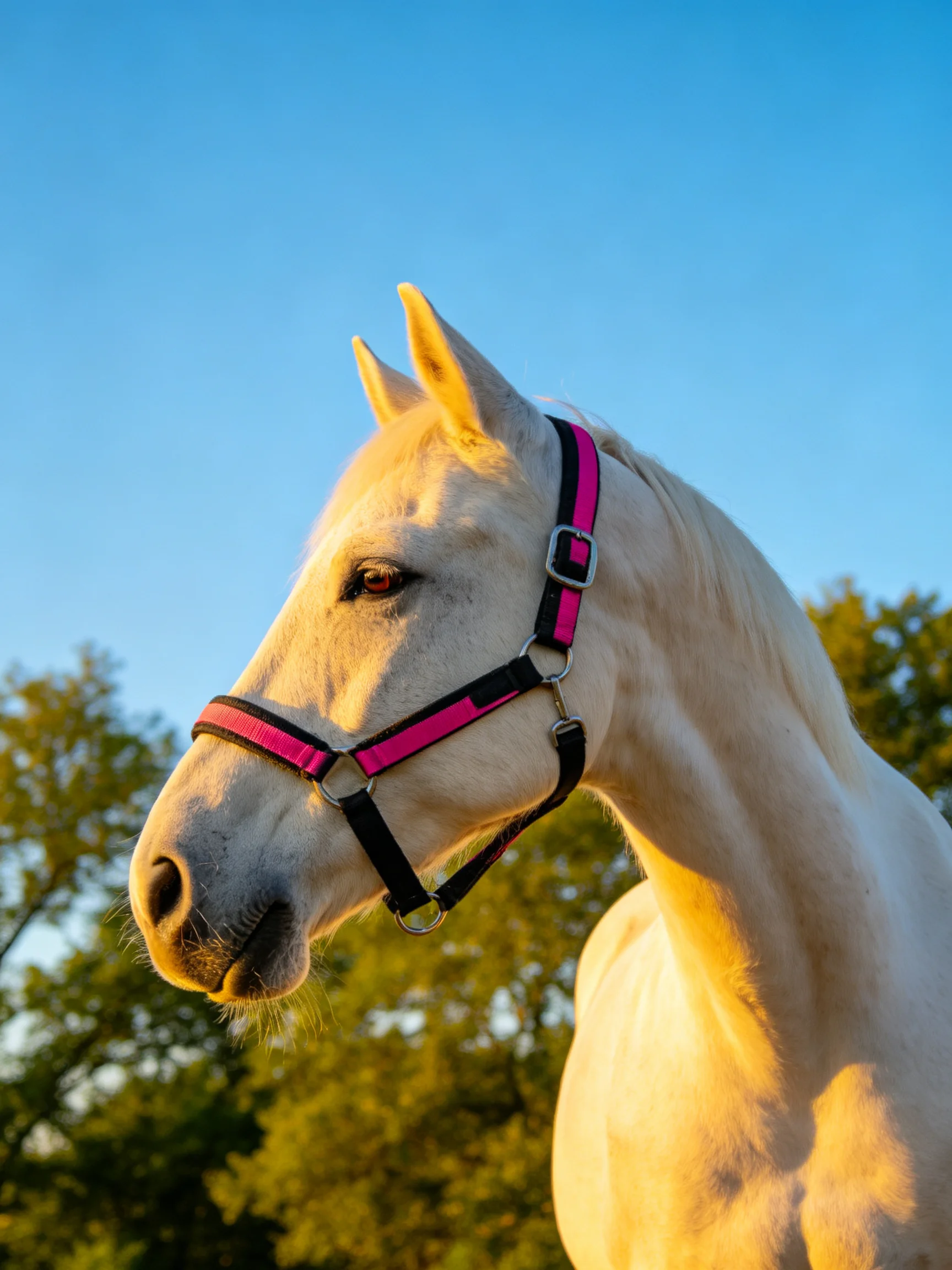 A white horse with a pink halter stands under a clear blue sky
