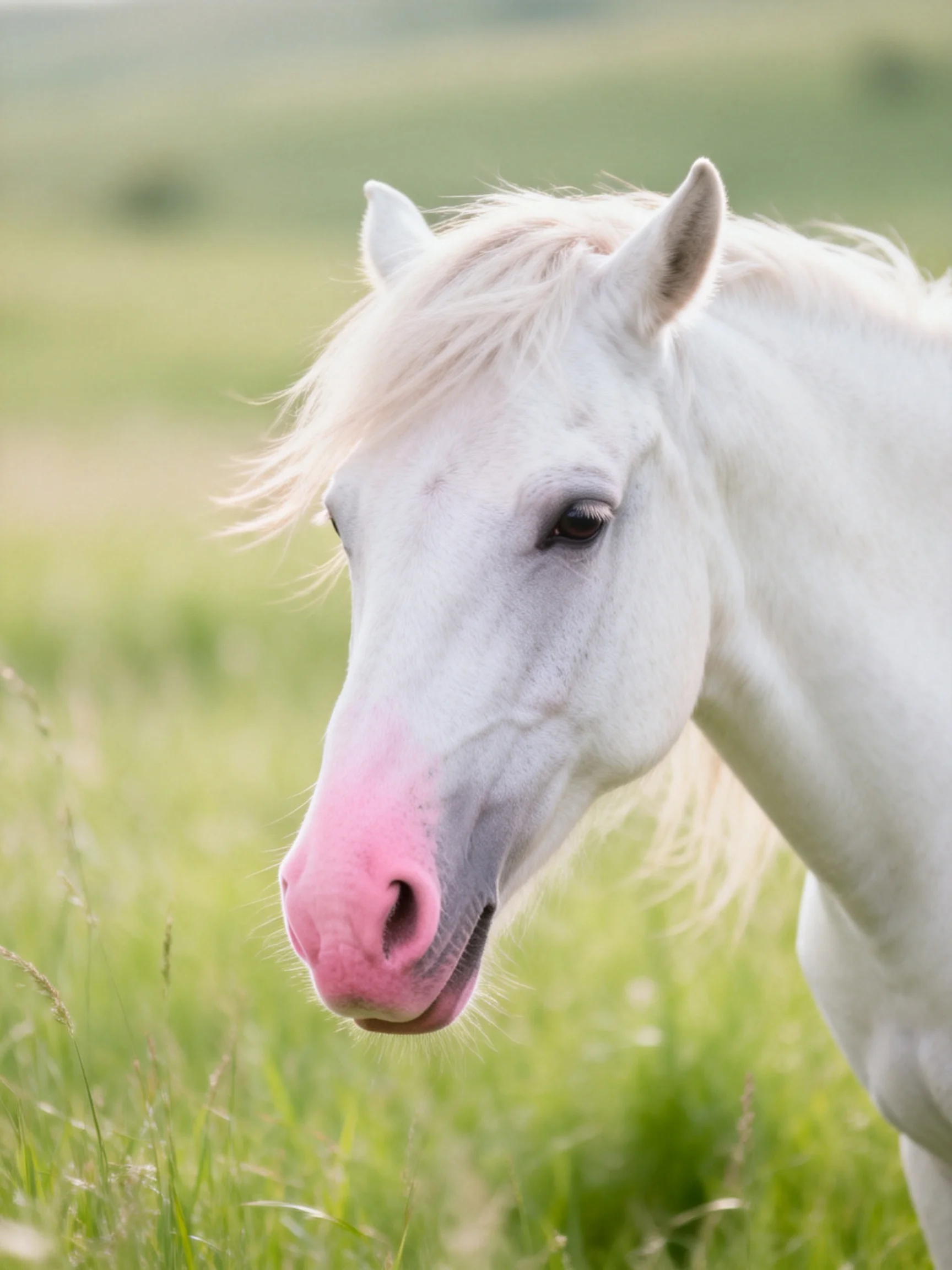 A white horse with a pink nose in a lush green meadow