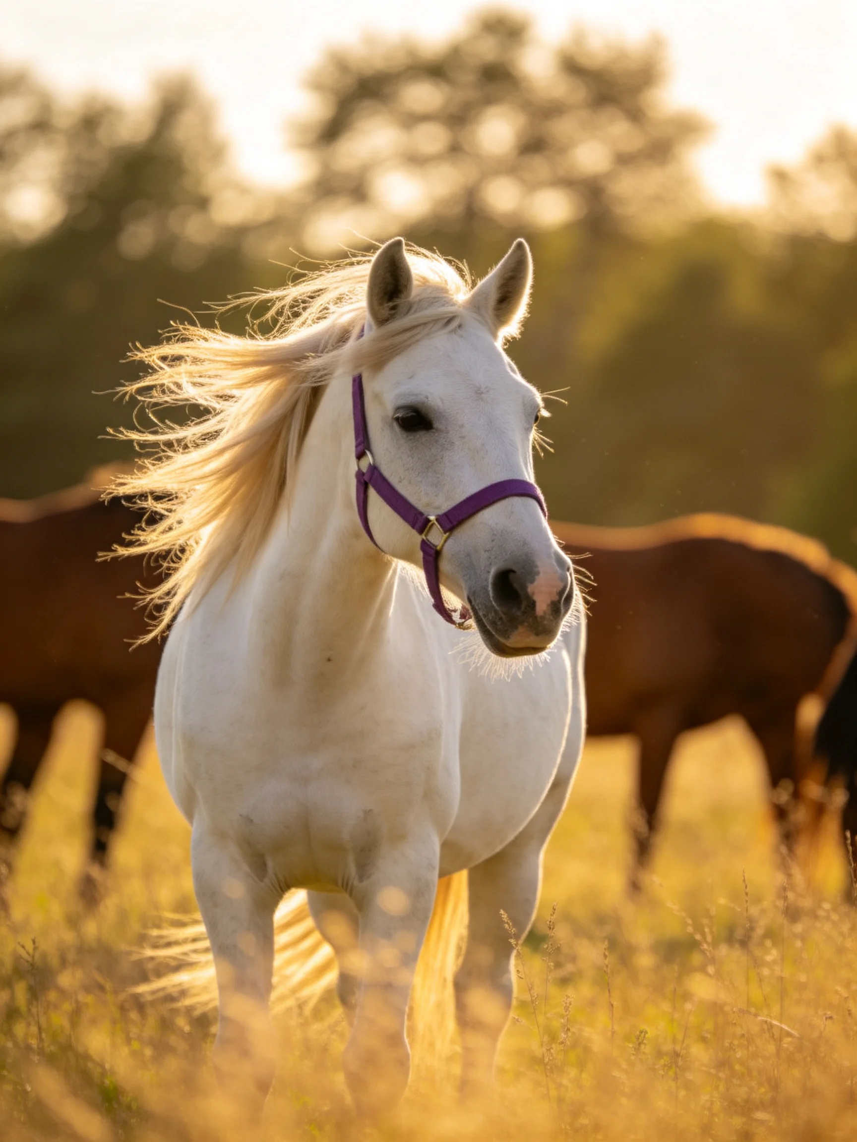 A white horse with a purple halter in a golden field