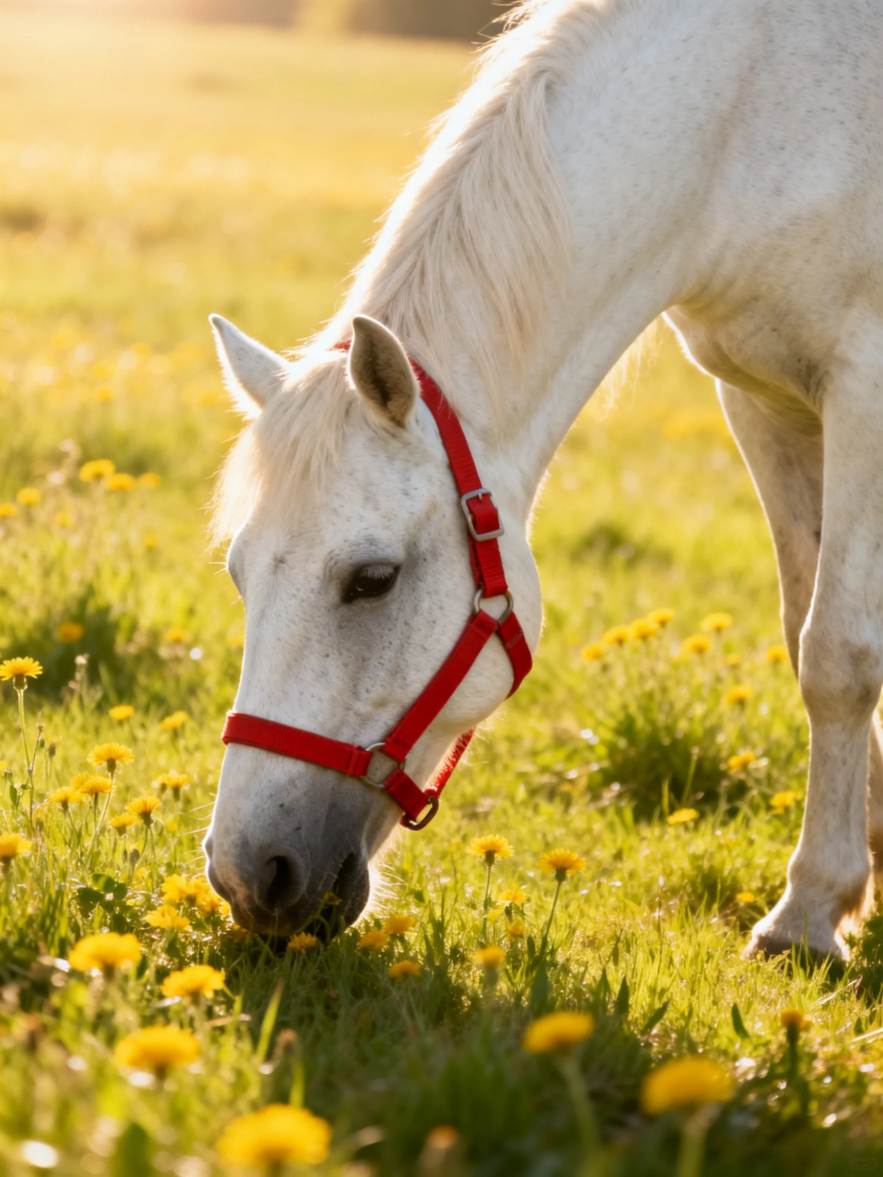 A white horse with a red halter grazing near yellow wildflowers
