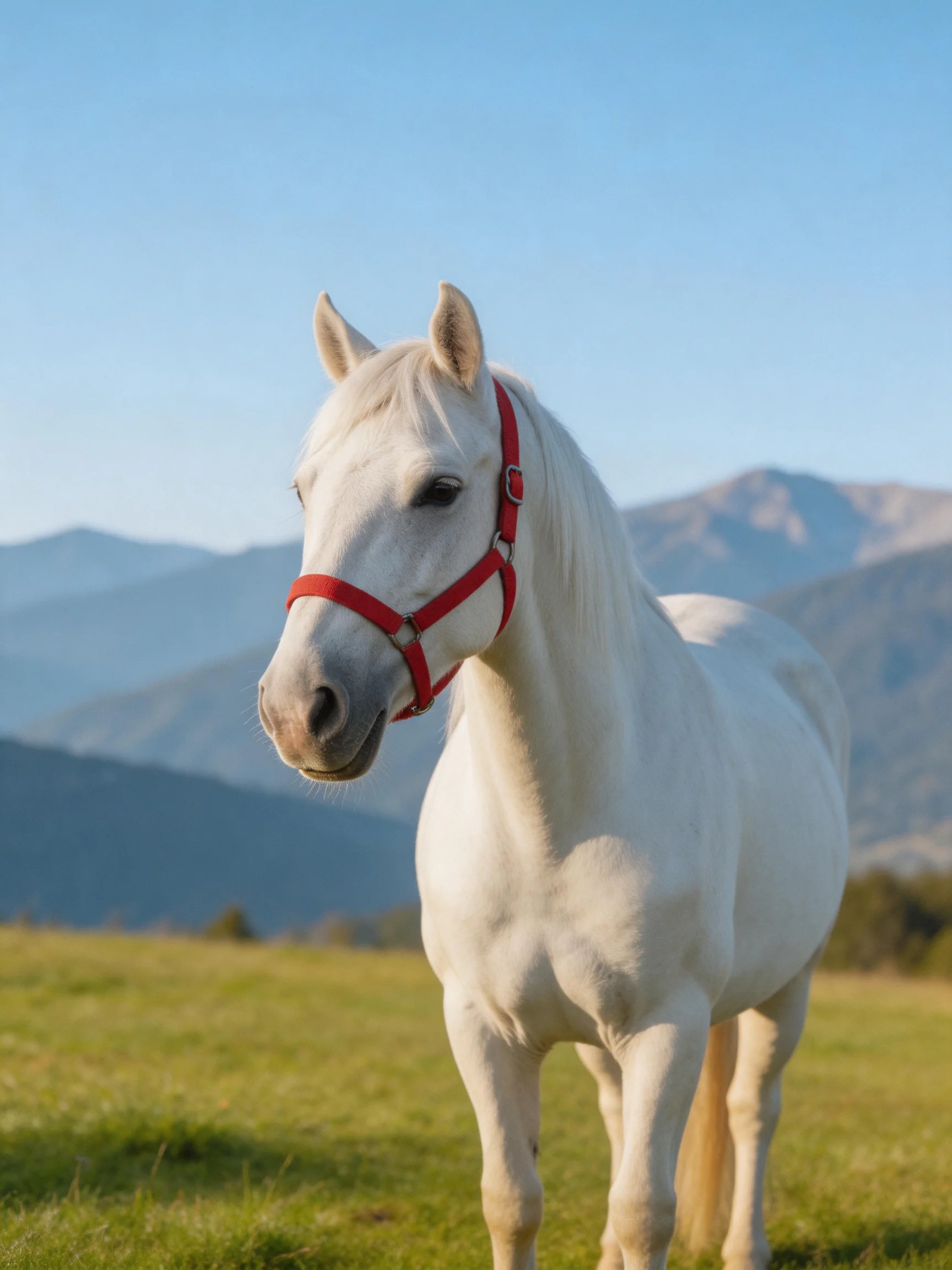 A white horse wearing a red halter stands in a meadow near mountains
