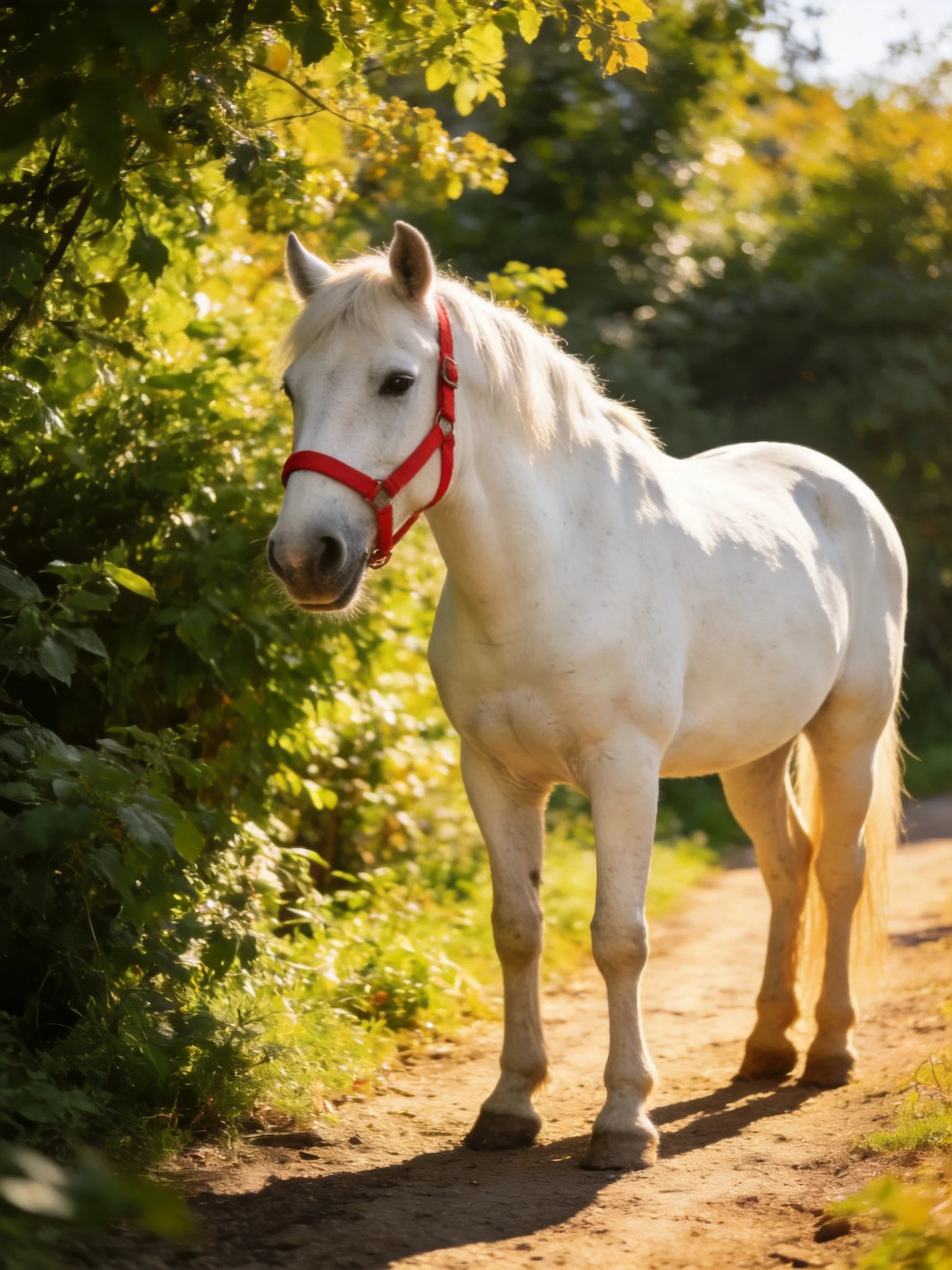 A white horse with a red halter on a sunlit dirt path