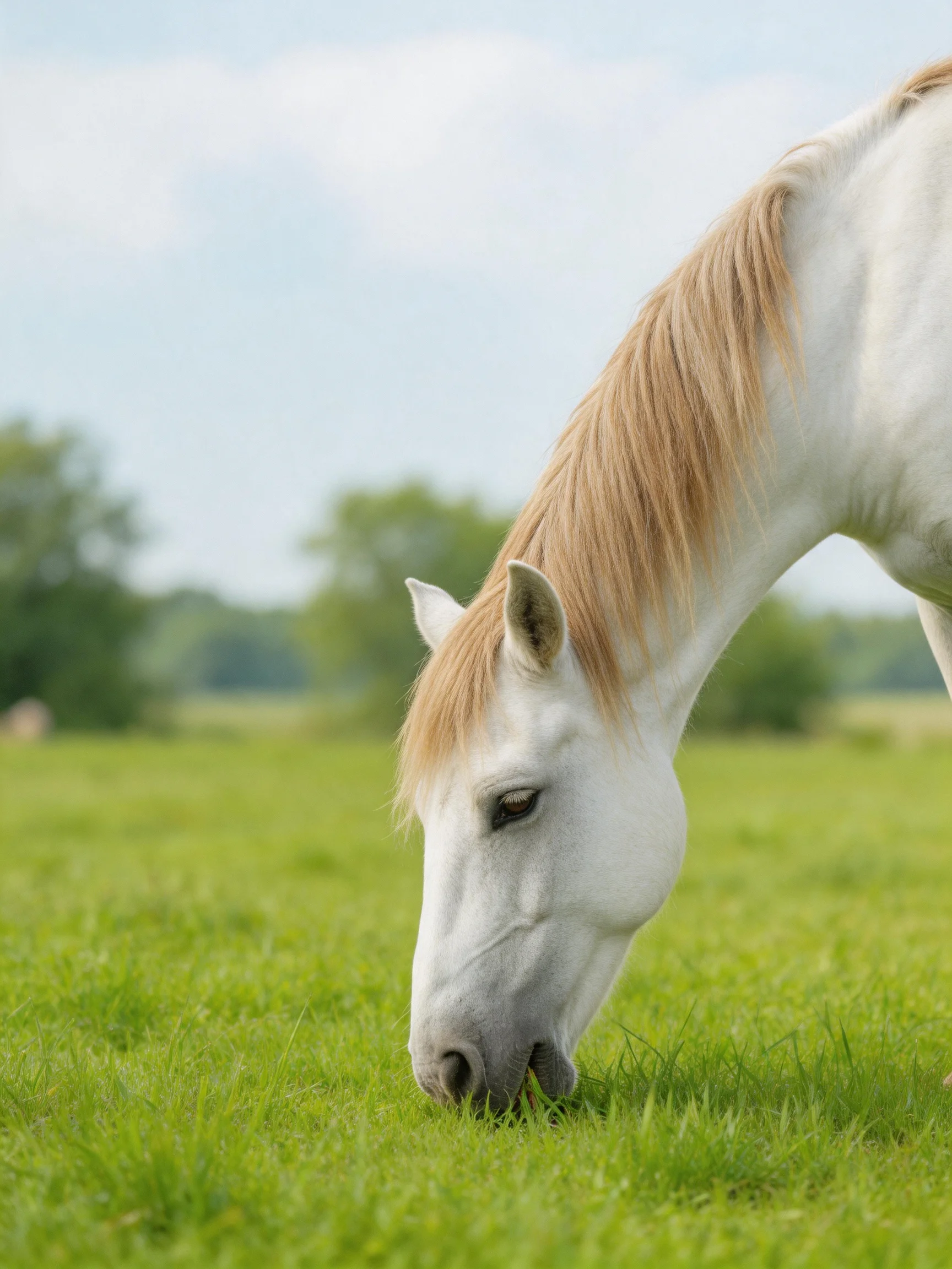 A white horse with a tan mane grazes in a lush green field
