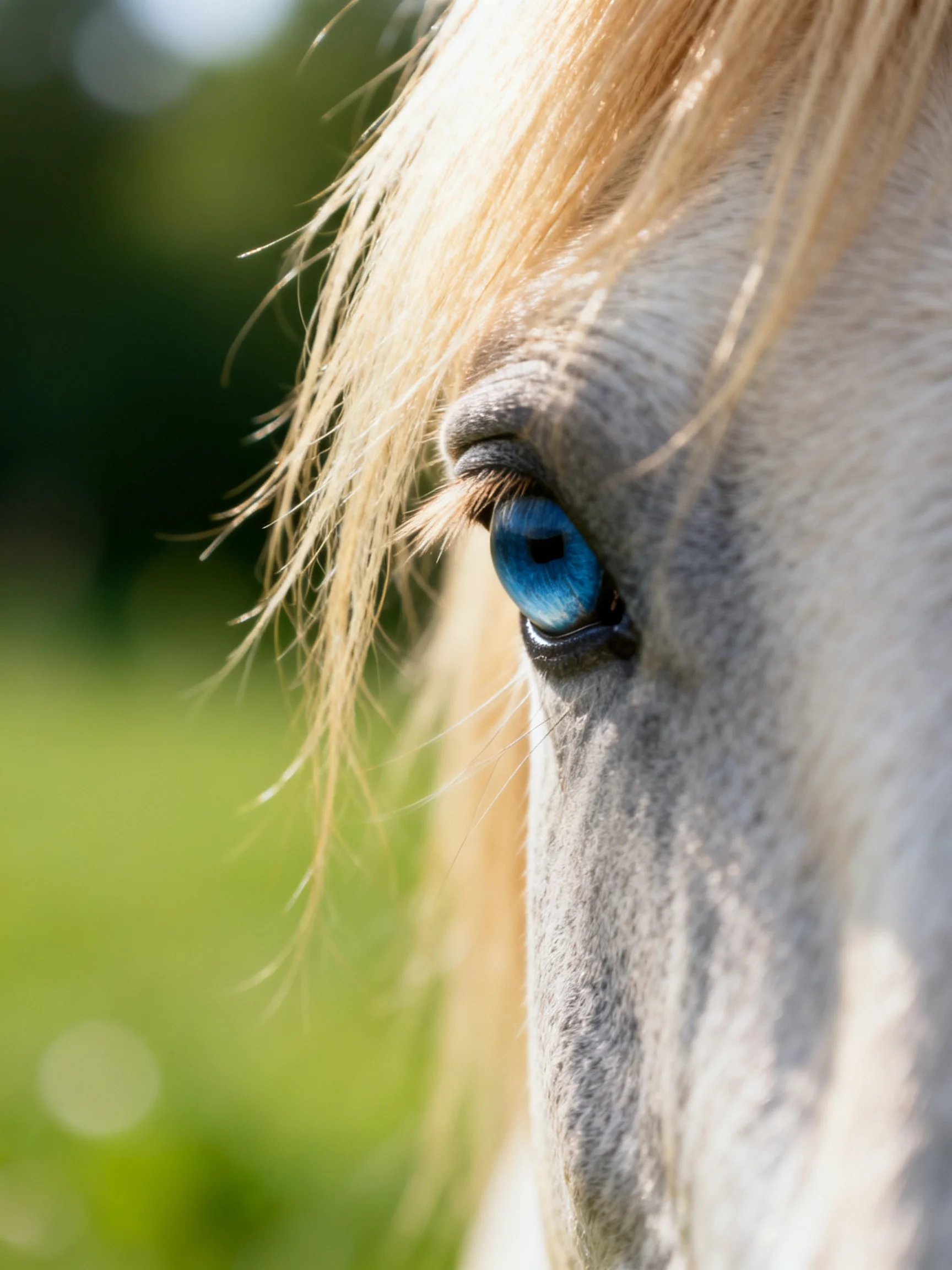 Close - up of a white horse’s blue eye in a green outdoor setting.