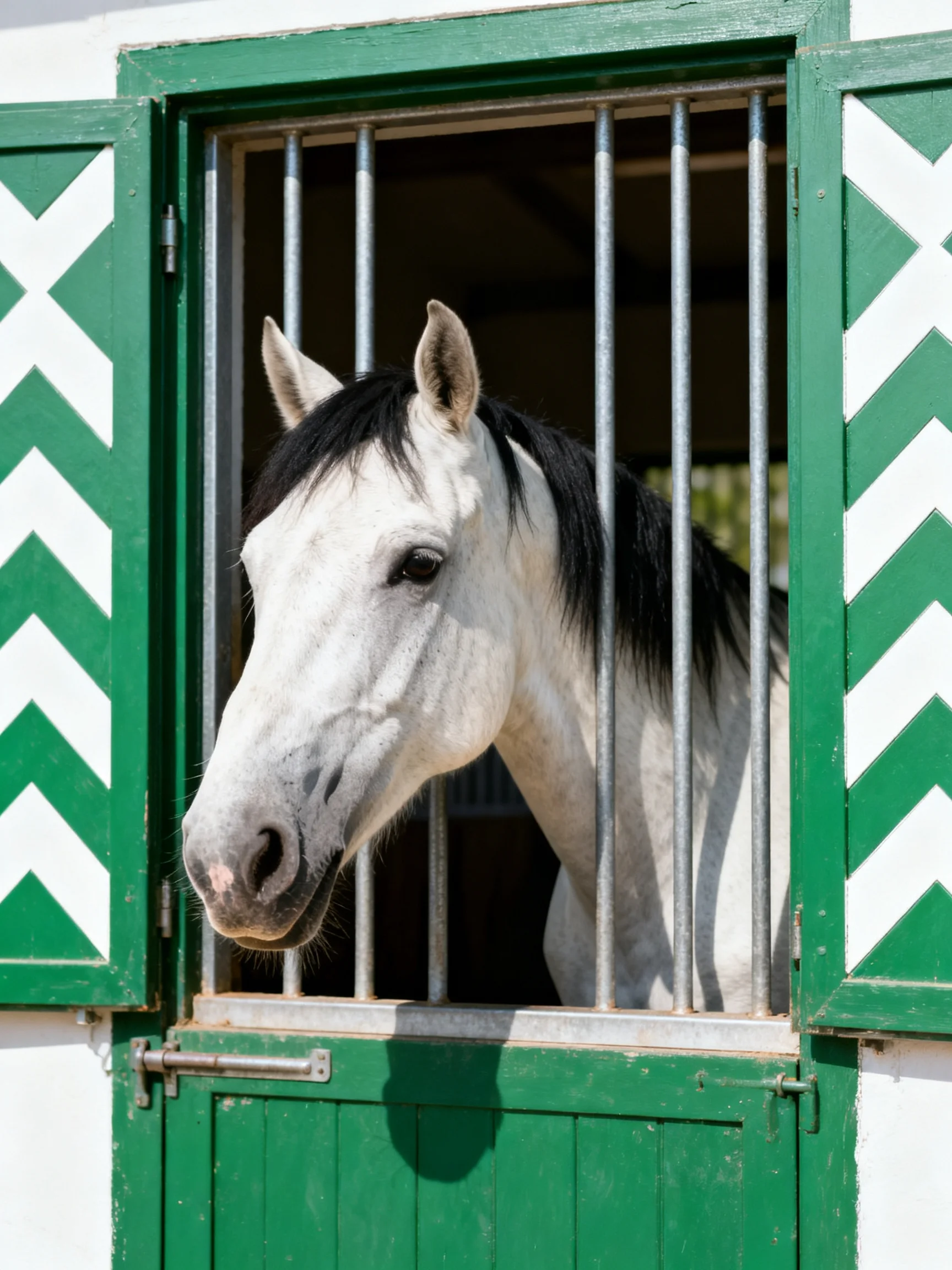 A white horse with black mane in a green stable window
