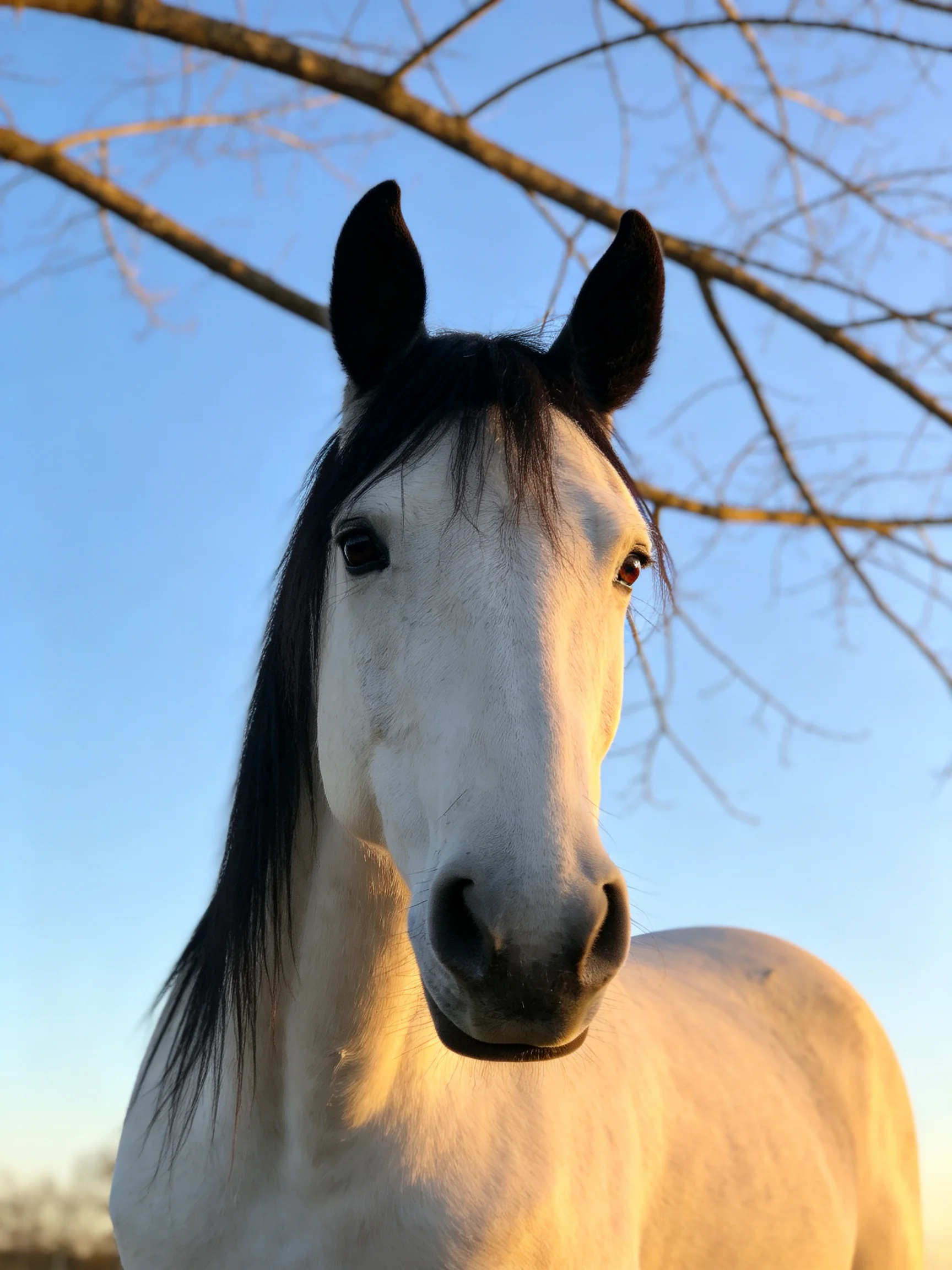 A white horse with black mane near bare tree branches under clear blue sky