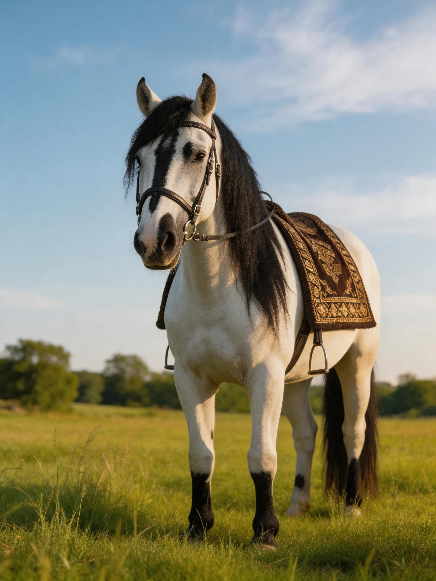 A white horse with a decorative saddle stands in an open grassy field.
