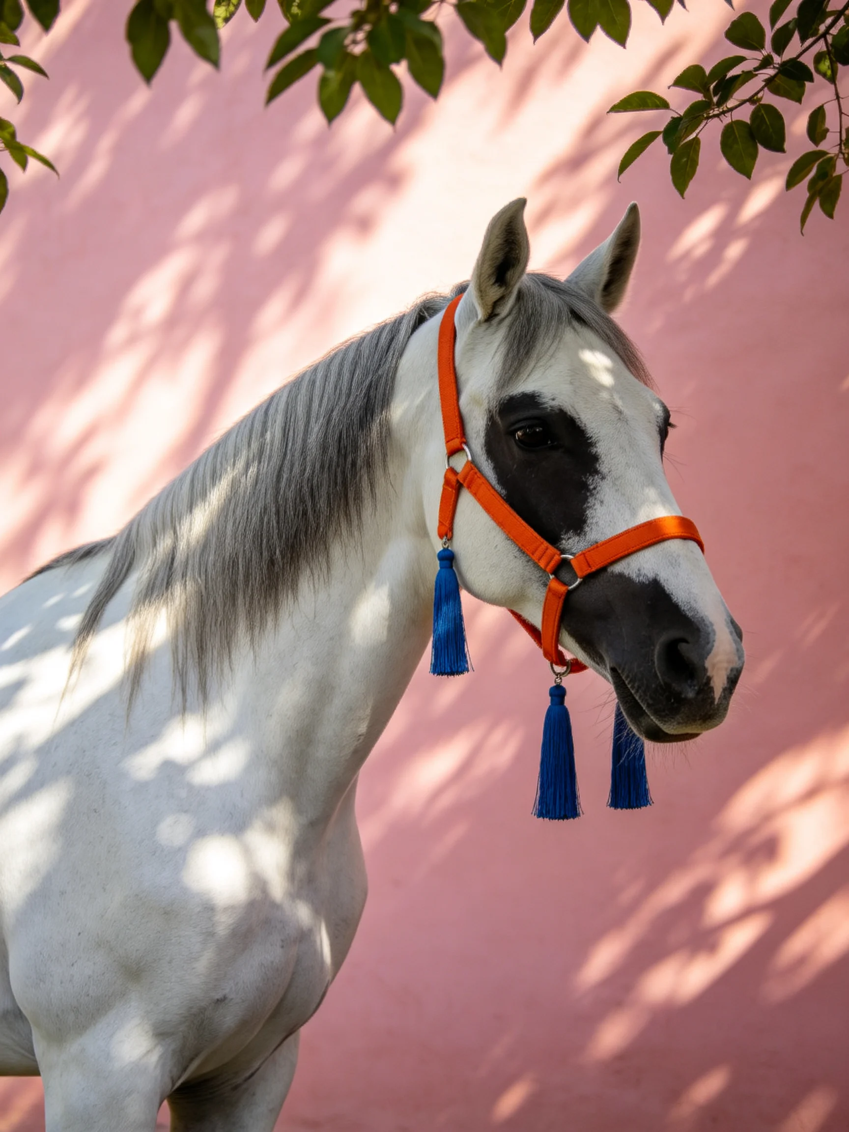 A white horse with an orange halter stands before a pink wall.
