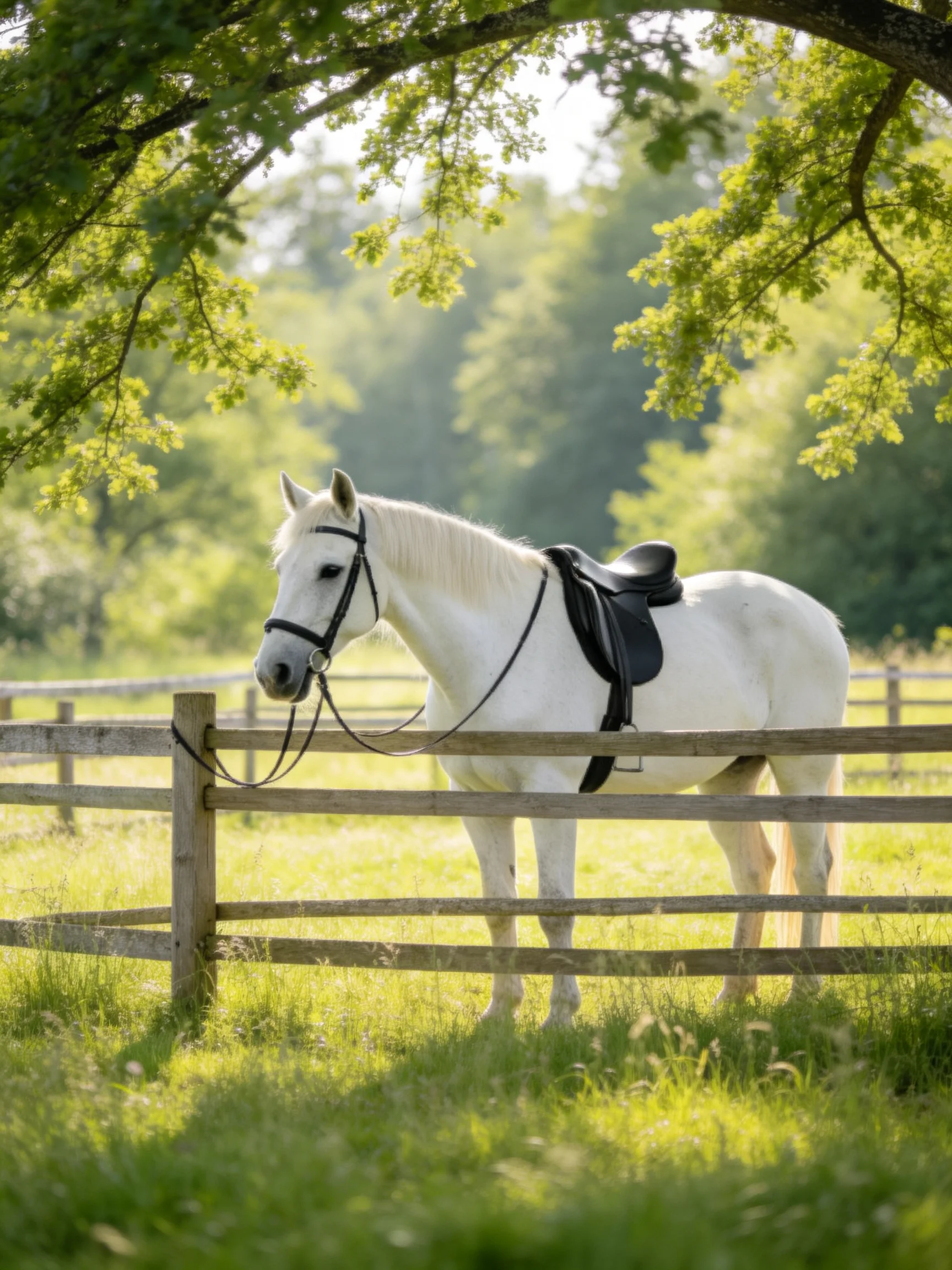 A white horse with black saddle near wooden fence under leafy tree