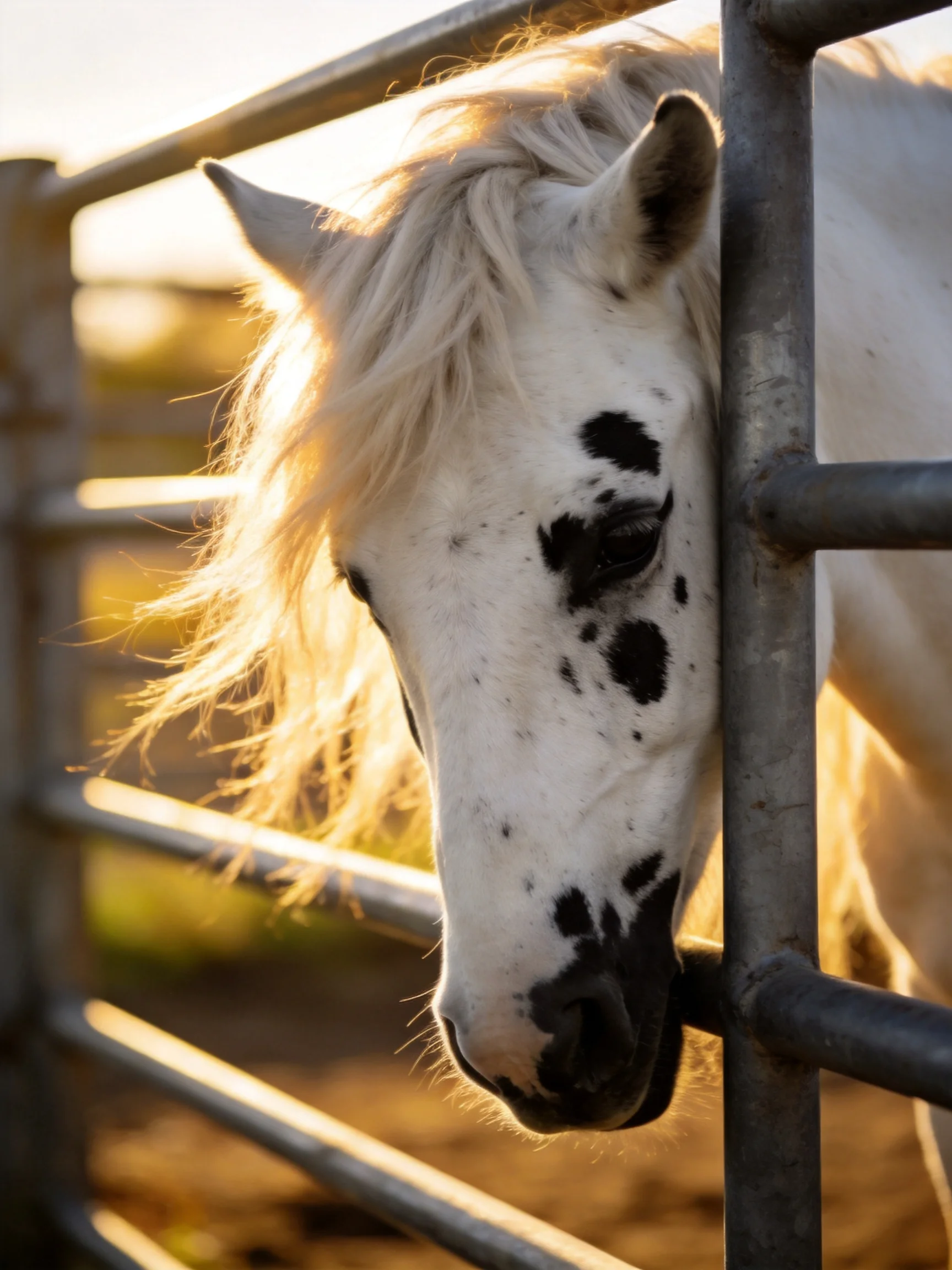 A white horse with black spots by a metal fence during golden hour
