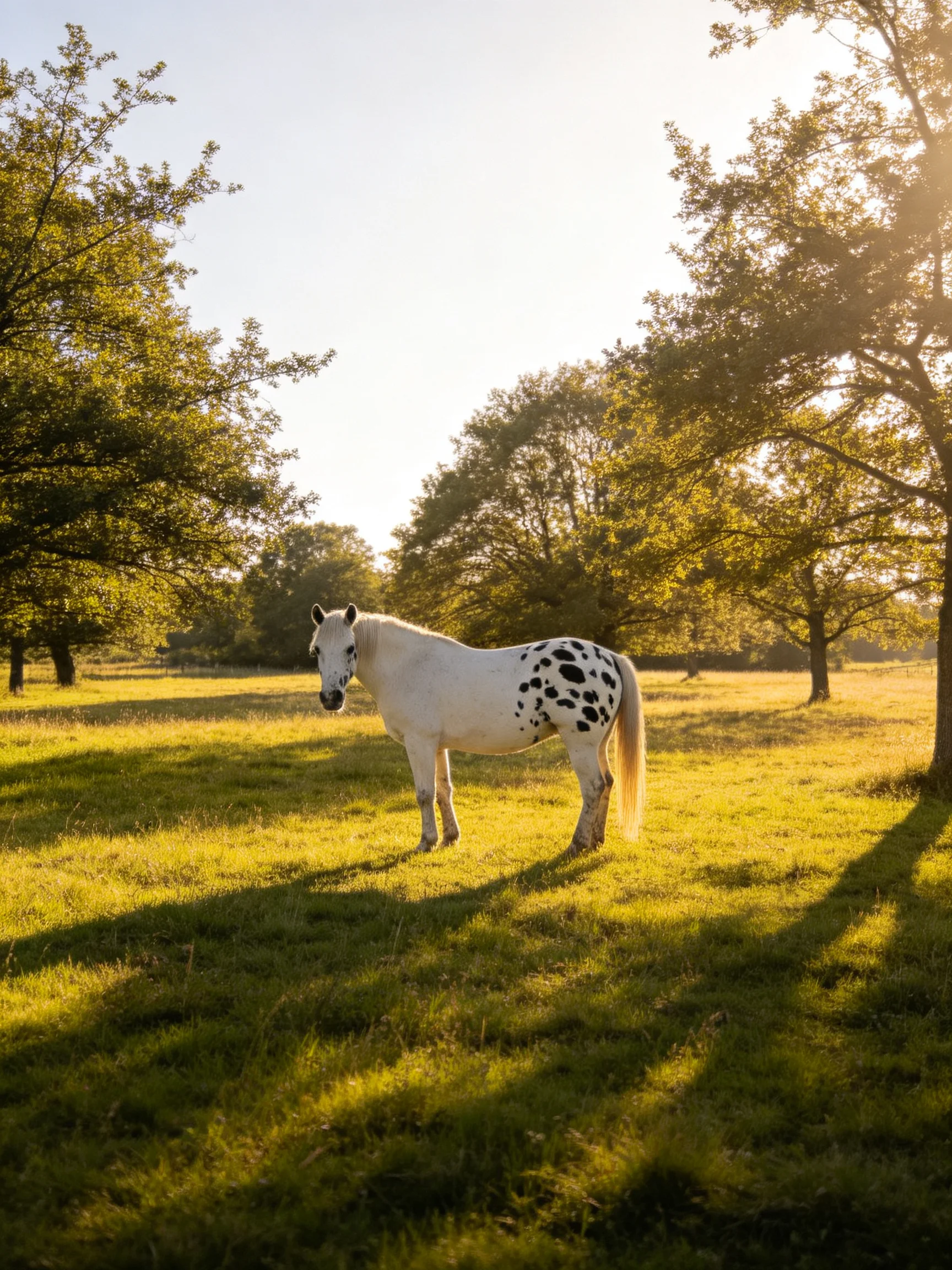 A white horse with black spots stands in a sunlit meadow