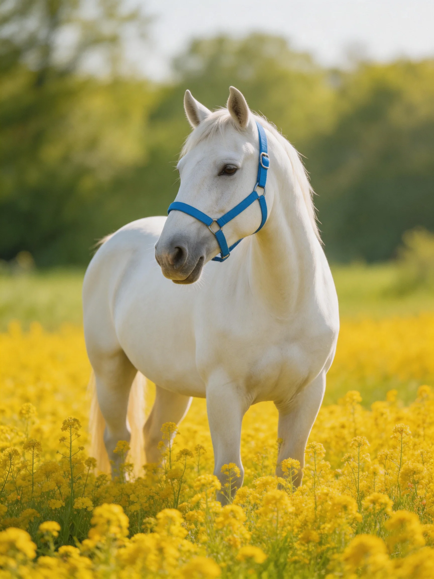 A white horse with blue halter in a field of yellow flowers