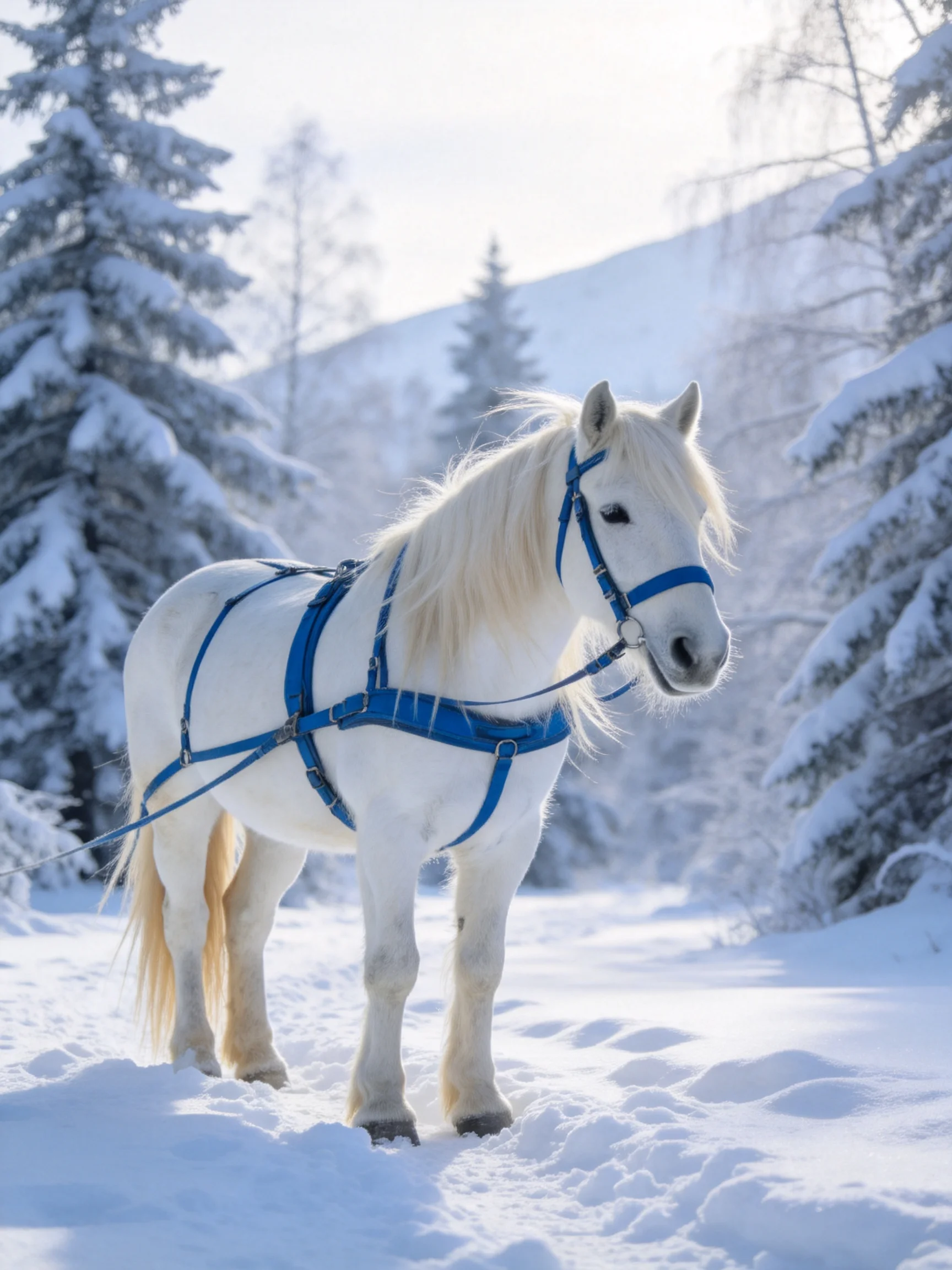 A white horse with blue harness in a snowy forest