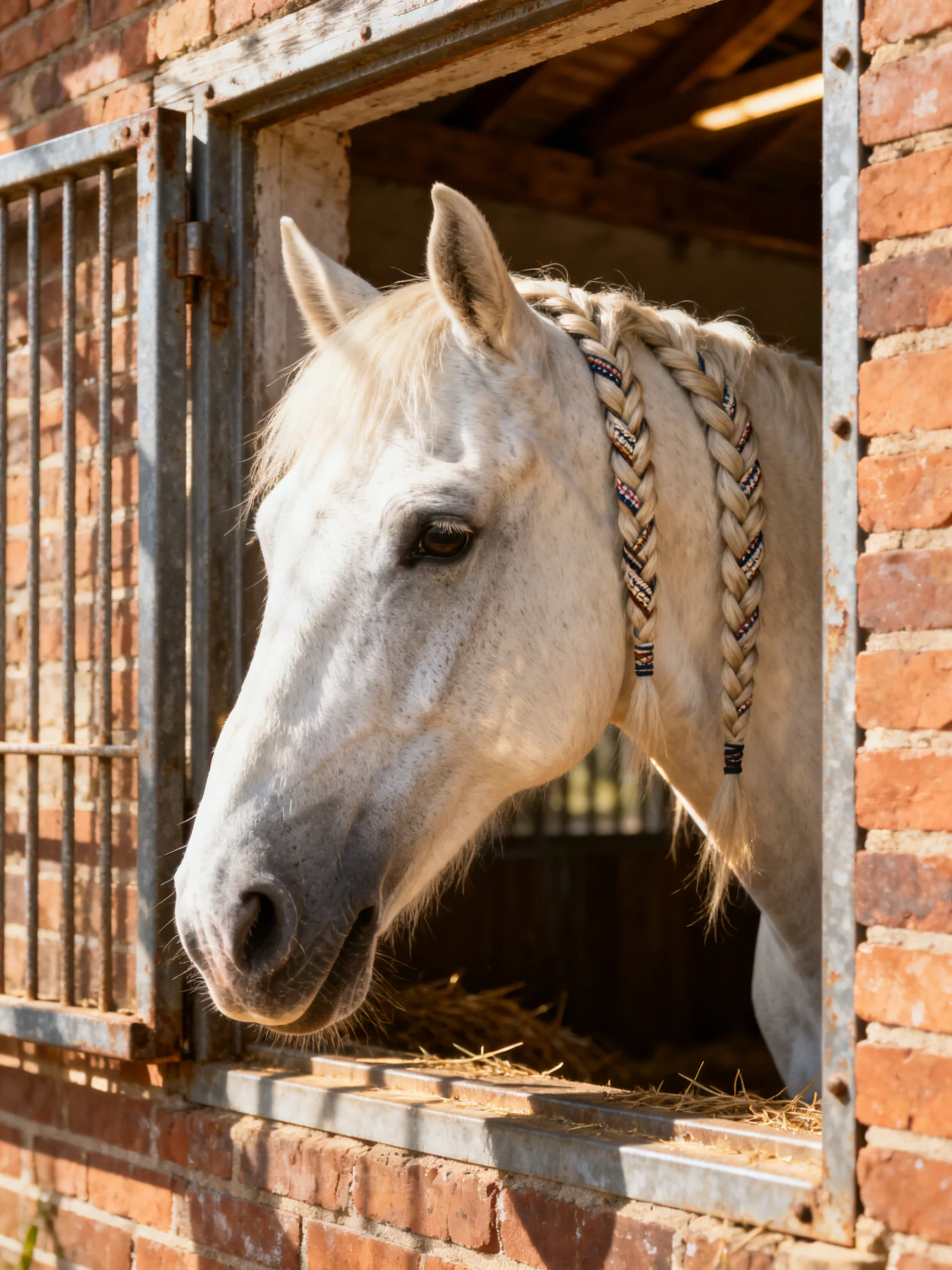 A white horse with braided mane in a brick stable window